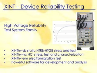 XINT – Device Reliability Testing
High Voltage Reliability
Test System Family
• XINThv-sb static HTRB-HTGB stress and test
• XINThv-hc HCI stress, test and characterization
• XINThv-em electromigration test
• Powerful software for development and analysis
 