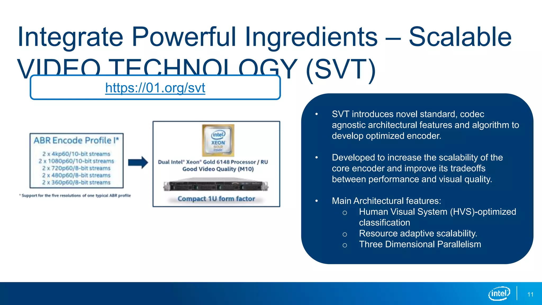 • SVT introduces novel standard, codec
agnostic architectural features and algorithm to
develop optimized encoder.
• Developed to increase the scalability of the
core encoder and improve its tradeoffs
between performance and visual quality.
• Main Architectural features:
o Human Visual System (HVS)-optimized
classification
o Resource adaptive scalability.
o Three Dimensional Parallelism
Integrate Powerful Ingredients – Scalable
VIDEO TECHNOLOGY (SVT)
11
https://01.org/svt
 