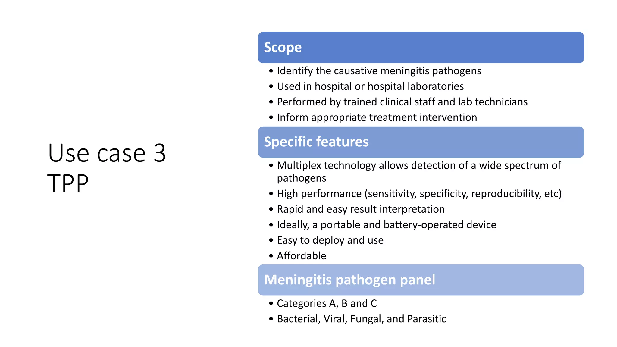 Use case 3
TPP
Scope
• Identify the causative meningitis pathogens
• Used in hospital or hospital laboratories
• Performed by trained clinical staff and lab technicians
• Inform appropriate treatment intervention
Specific features
• Multiplex technology allows detection of a wide spectrum of
pathogens
• High performance (sensitivity, specificity, reproducibility, etc)
• Rapid and easy result interpretation
• Ideally, a portable and battery-operated device
• Easy to deploy and use
• Affordable
Meningitis pathogen panel
• Categories A, B and C
• Bacterial, Viral, Fungal, and Parasitic
 