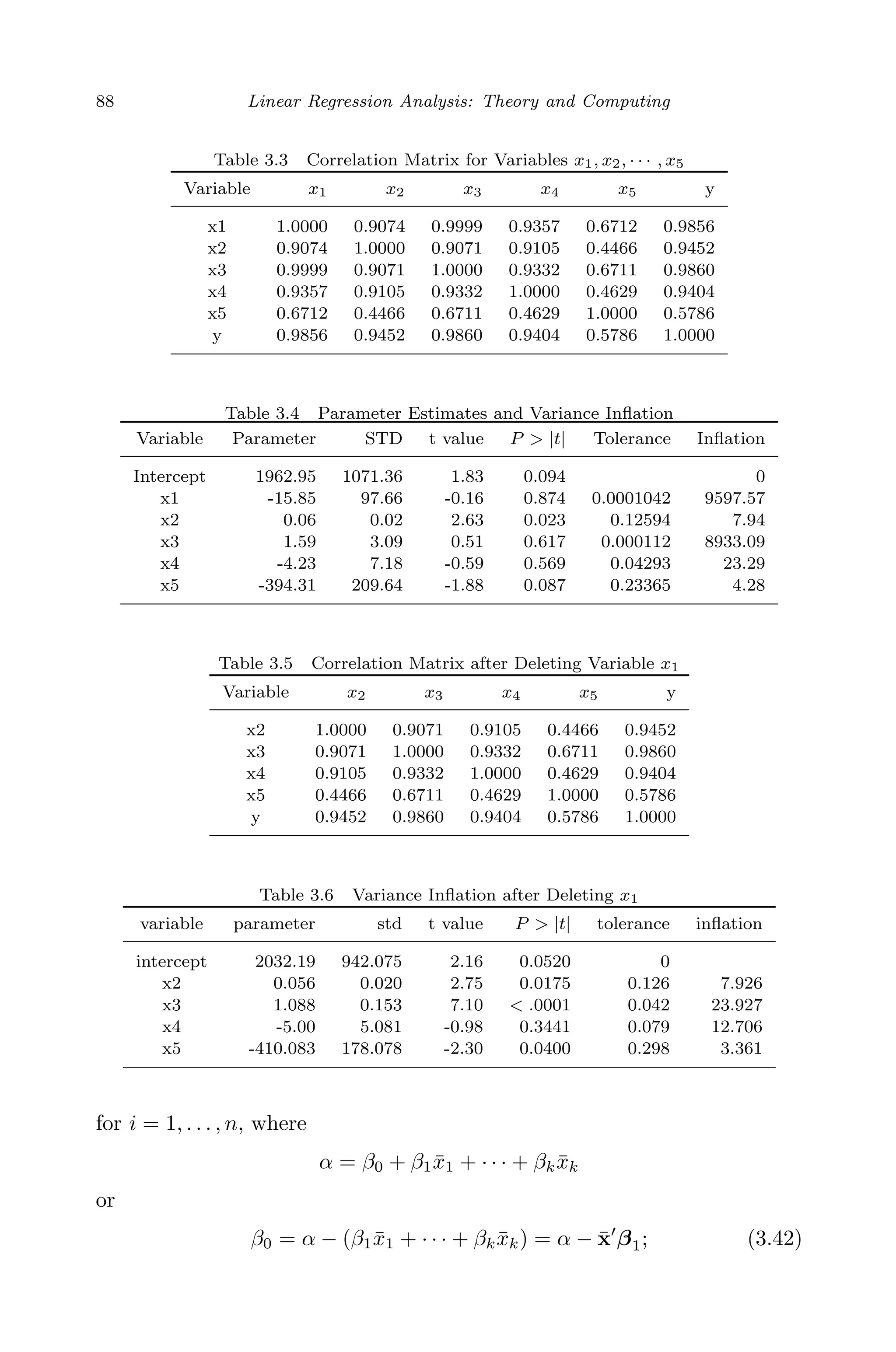 April 29, 2009 11:50 World Scientiﬁc Book - 9in x 6in Regression˙master
88 Linear Regression Analysis: Theory and Computing
Table 3.3 Correlation Matrix for Variables x1, x2, · · · , x5
Variable x1 x2 x3 x4 x5 y
x1 1.0000 0.9074 0.9999 0.9357 0.6712 0.9856
x2 0.9074 1.0000 0.9071 0.9105 0.4466 0.9452
x3 0.9999 0.9071 1.0000 0.9332 0.6711 0.9860
x4 0.9357 0.9105 0.9332 1.0000 0.4629 0.9404
x5 0.6712 0.4466 0.6711 0.4629 1.0000 0.5786
y 0.9856 0.9452 0.9860 0.9404 0.5786 1.0000
Table 3.4 Parameter Estimates and Variance Inﬂation
Variable Parameter STD t value P > |t| Tolerance Inﬂation
Intercept 1962.95 1071.36 1.83 0.094 0
x1 -15.85 97.66 -0.16 0.874 0.0001042 9597.57
x2 0.06 0.02 2.63 0.023 0.12594 7.94
x3 1.59 3.09 0.51 0.617 0.000112 8933.09
x4 -4.23 7.18 -0.59 0.569 0.04293 23.29
x5 -394.31 209.64 -1.88 0.087 0.23365 4.28
Table 3.5 Correlation Matrix after Deleting Variable x1
Variable x2 x3 x4 x5 y
x2 1.0000 0.9071 0.9105 0.4466 0.9452
x3 0.9071 1.0000 0.9332 0.6711 0.9860
x4 0.9105 0.9332 1.0000 0.4629 0.9404
x5 0.4466 0.6711 0.4629 1.0000 0.5786
y 0.9452 0.9860 0.9404 0.5786 1.0000
Table 3.6 Variance Inﬂation after Deleting x1
variable parameter std t value P > |t| tolerance inﬂation
intercept 2032.19 942.075 2.16 0.0520 0
x2 0.056 0.020 2.75 0.0175 0.126 7.926
x3 1.088 0.153 7.10 < .0001 0.042 23.927
x4 -5.00 5.081 -0.98 0.3441 0.079 12.706
x5 -410.083 178.078 -2.30 0.0400 0.298 3.361
for i = 1, . . . , n, where
α = β0 + β1 ¯x1 + · · · + βk ¯xk
or
β0 = α − (β1 ¯x1 + · · · + βk ¯xk) = α − ¯x β1; (3.42)
 