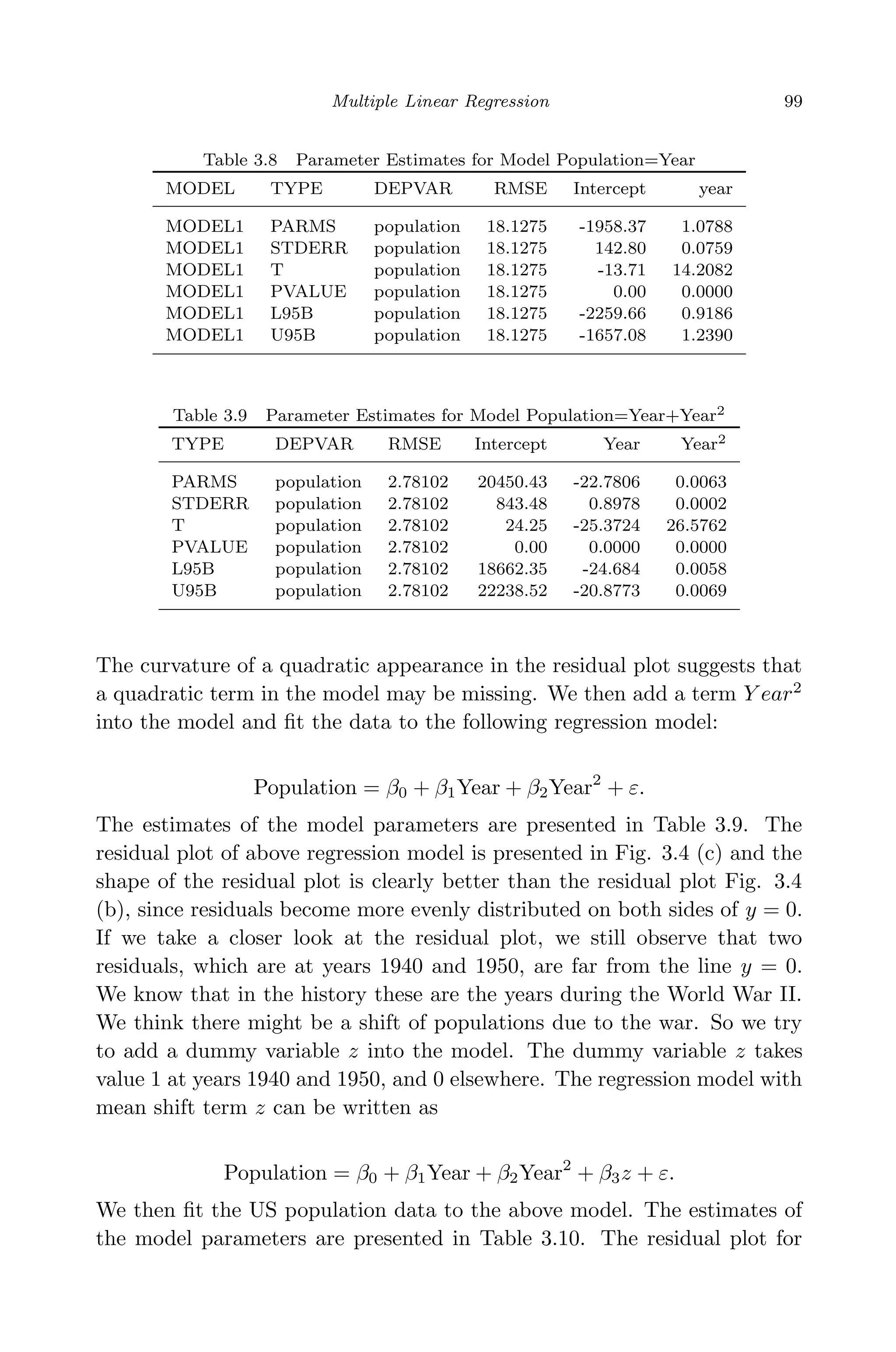 April 29, 2009 11:50 World Scientiﬁc Book - 9in x 6in Regression˙master
Multiple Linear Regression 99
Table 3.8 Parameter Estimates for Model Population=Year
MODEL TYPE DEPVAR RMSE Intercept year
MODEL1 PARMS population 18.1275 -1958.37 1.0788
MODEL1 STDERR population 18.1275 142.80 0.0759
MODEL1 T population 18.1275 -13.71 14.2082
MODEL1 PVALUE population 18.1275 0.00 0.0000
MODEL1 L95B population 18.1275 -2259.66 0.9186
MODEL1 U95B population 18.1275 -1657.08 1.2390
Table 3.9 Parameter Estimates for Model Population=Year+Year2
TYPE DEPVAR RMSE Intercept Year Year2
PARMS population 2.78102 20450.43 -22.7806 0.0063
STDERR population 2.78102 843.48 0.8978 0.0002
T population 2.78102 24.25 -25.3724 26.5762
PVALUE population 2.78102 0.00 0.0000 0.0000
L95B population 2.78102 18662.35 -24.684 0.0058
U95B population 2.78102 22238.52 -20.8773 0.0069
The curvature of a quadratic appearance in the residual plot suggests that
a quadratic term in the model may be missing. We then add a term Y ear2
into the model and ﬁt the data to the following regression model:
Population = β0 + β1Year + β2Year2
+ ε.
The estimates of the model parameters are presented in Table 3.9. The
residual plot of above regression model is presented in Fig. 3.4 (c) and the
shape of the residual plot is clearly better than the residual plot Fig. 3.4
(b), since residuals become more evenly distributed on both sides of y = 0.
If we take a closer look at the residual plot, we still observe that two
residuals, which are at years 1940 and 1950, are far from the line y = 0.
We know that in the history these are the years during the World War II.
We think there might be a shift of populations due to the war. So we try
to add a dummy variable z into the model. The dummy variable z takes
value 1 at years 1940 and 1950, and 0 elsewhere. The regression model with
mean shift term z can be written as
Population = β0 + β1Year + β2Year2
+ β3z + ε.
We then ﬁt the US population data to the above model. The estimates of
the model parameters are presented in Table 3.10. The residual plot for
 