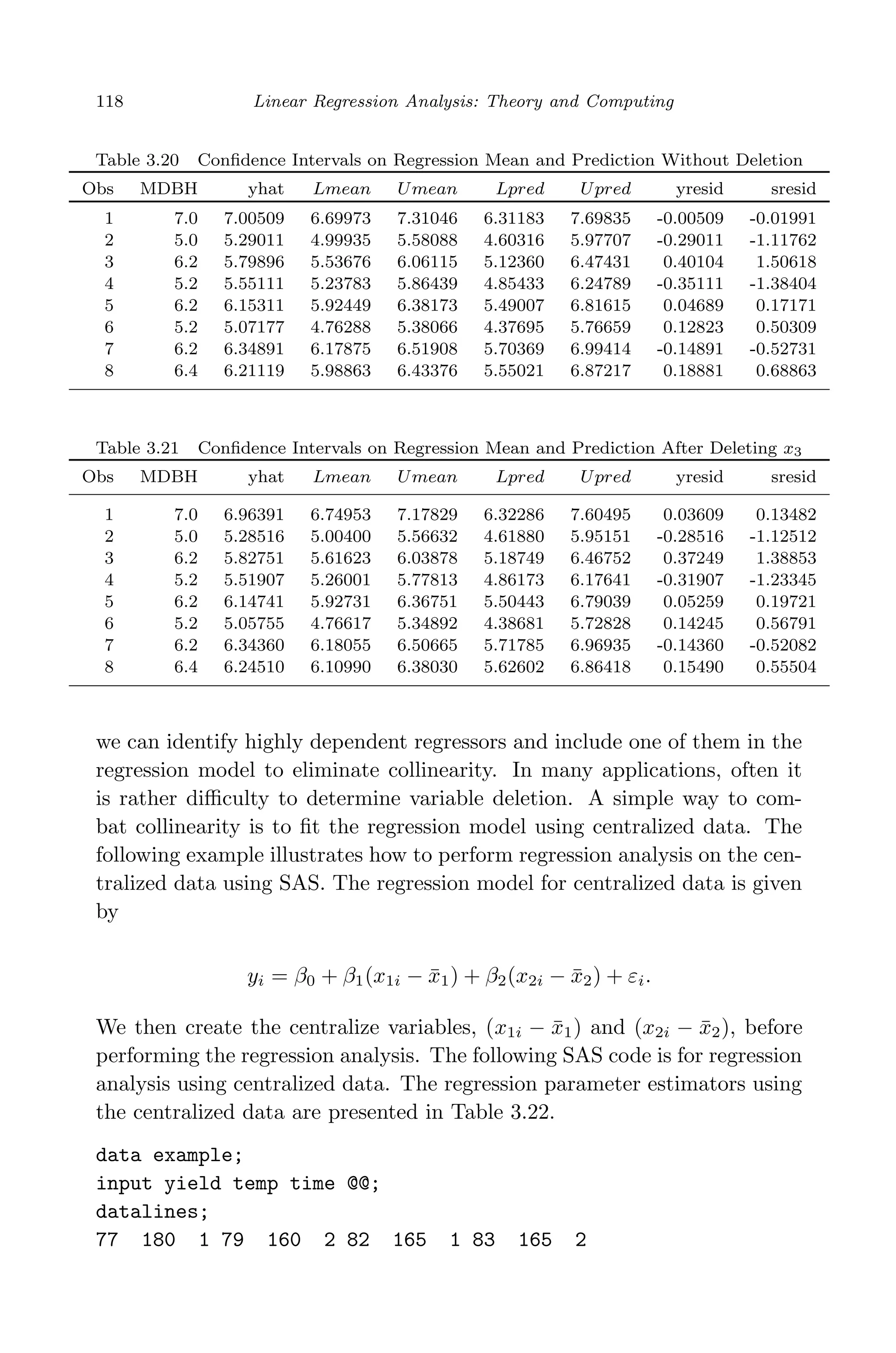 April 29, 2009 11:50 World Scientiﬁc Book - 9in x 6in Regression˙master
118 Linear Regression Analysis: Theory and Computing
Table 3.20 Conﬁdence Intervals on Regression Mean and Prediction Without Deletion
Obs MDBH yhat Lmean Umean Lpred Upred yresid sresid
1 7.0 7.00509 6.69973 7.31046 6.31183 7.69835 -0.00509 -0.01991
2 5.0 5.29011 4.99935 5.58088 4.60316 5.97707 -0.29011 -1.11762
3 6.2 5.79896 5.53676 6.06115 5.12360 6.47431 0.40104 1.50618
4 5.2 5.55111 5.23783 5.86439 4.85433 6.24789 -0.35111 -1.38404
5 6.2 6.15311 5.92449 6.38173 5.49007 6.81615 0.04689 0.17171
6 5.2 5.07177 4.76288 5.38066 4.37695 5.76659 0.12823 0.50309
7 6.2 6.34891 6.17875 6.51908 5.70369 6.99414 -0.14891 -0.52731
8 6.4 6.21119 5.98863 6.43376 5.55021 6.87217 0.18881 0.68863
Table 3.21 Conﬁdence Intervals on Regression Mean and Prediction After Deleting x3
Obs MDBH yhat Lmean Umean Lpred Upred yresid sresid
1 7.0 6.96391 6.74953 7.17829 6.32286 7.60495 0.03609 0.13482
2 5.0 5.28516 5.00400 5.56632 4.61880 5.95151 -0.28516 -1.12512
3 6.2 5.82751 5.61623 6.03878 5.18749 6.46752 0.37249 1.38853
4 5.2 5.51907 5.26001 5.77813 4.86173 6.17641 -0.31907 -1.23345
5 6.2 6.14741 5.92731 6.36751 5.50443 6.79039 0.05259 0.19721
6 5.2 5.05755 4.76617 5.34892 4.38681 5.72828 0.14245 0.56791
7 6.2 6.34360 6.18055 6.50665 5.71785 6.96935 -0.14360 -0.52082
8 6.4 6.24510 6.10990 6.38030 5.62602 6.86418 0.15490 0.55504
we can identify highly dependent regressors and include one of them in the
regression model to eliminate collinearity. In many applications, often it
is rather diﬃculty to determine variable deletion. A simple way to com-
bat collinearity is to ﬁt the regression model using centralized data. The
following example illustrates how to perform regression analysis on the cen-
tralized data using SAS. The regression model for centralized data is given
by
yi = β0 + β1(x1i − ¯x1) + β2(x2i − ¯x2) + εi.
We then create the centralize variables, (x1i − ¯x1) and (x2i − ¯x2), before
performing the regression analysis. The following SAS code is for regression
analysis using centralized data. The regression parameter estimators using
the centralized data are presented in Table 3.22.
data example;
input yield temp time @@;
datalines;
77 180 1 79 160 2 82 165 1 83 165 2
 