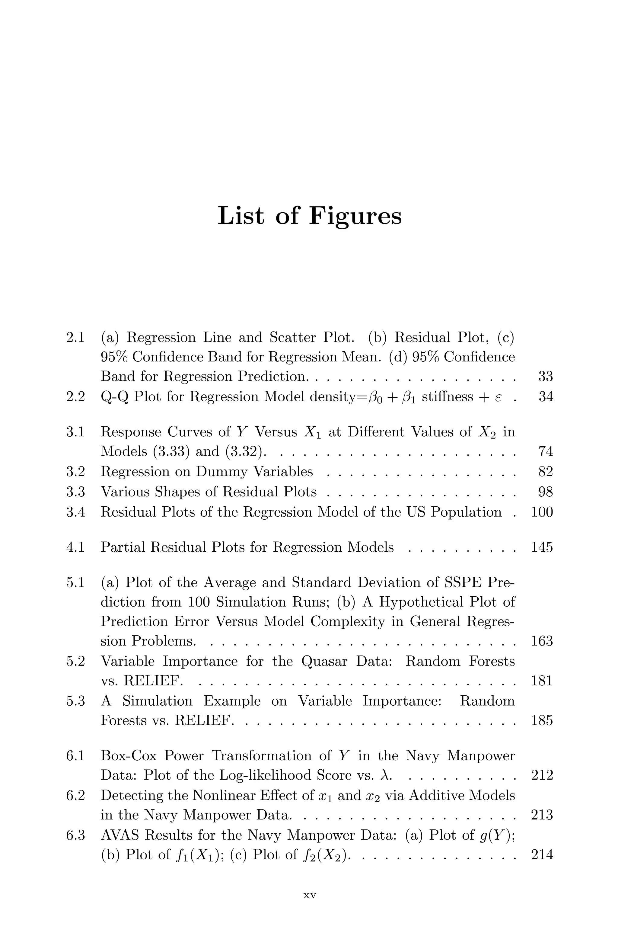 April 29, 2009 11:50 World Scientiﬁc Book - 9in x 6in Regression˙master
List of Figures
2.1 (a) Regression Line and Scatter Plot. (b) Residual Plot, (c)
95% Conﬁdence Band for Regression Mean. (d) 95% Conﬁdence
Band for Regression Prediction. . . . . . . . . . . . . . . . . . . 33
2.2 Q-Q Plot for Regression Model density=β0 + β1 stiﬀness + ε . 34
3.1 Response Curves of Y Versus X1 at Diﬀerent Values of X2 in
Models (3.33) and (3.32). . . . . . . . . . . . . . . . . . . . . . 74
3.2 Regression on Dummy Variables . . . . . . . . . . . . . . . . . 82
3.3 Various Shapes of Residual Plots . . . . . . . . . . . . . . . . . 98
3.4 Residual Plots of the Regression Model of the US Population . 100
4.1 Partial Residual Plots for Regression Models . . . . . . . . . . 145
5.1 (a) Plot of the Average and Standard Deviation of SSPE Pre-
diction from 100 Simulation Runs; (b) A Hypothetical Plot of
Prediction Error Versus Model Complexity in General Regres-
sion Problems. . . . . . . . . . . . . . . . . . . . . . . . . . . . 163
5.2 Variable Importance for the Quasar Data: Random Forests
vs. RELIEF. . . . . . . . . . . . . . . . . . . . . . . . . . . . . 181
5.3 A Simulation Example on Variable Importance: Random
Forests vs. RELIEF. . . . . . . . . . . . . . . . . . . . . . . . . 185
6.1 Box-Cox Power Transformation of Y in the Navy Manpower
Data: Plot of the Log-likelihood Score vs. λ. . . . . . . . . . . 212
6.2 Detecting the Nonlinear Eﬀect of x1 and x2 via Additive Models
in the Navy Manpower Data. . . . . . . . . . . . . . . . . . . . 213
6.3 AVAS Results for the Navy Manpower Data: (a) Plot of g(Y );
(b) Plot of f1(X1); (c) Plot of f2(X2). . . . . . . . . . . . . . . 214
xv
 