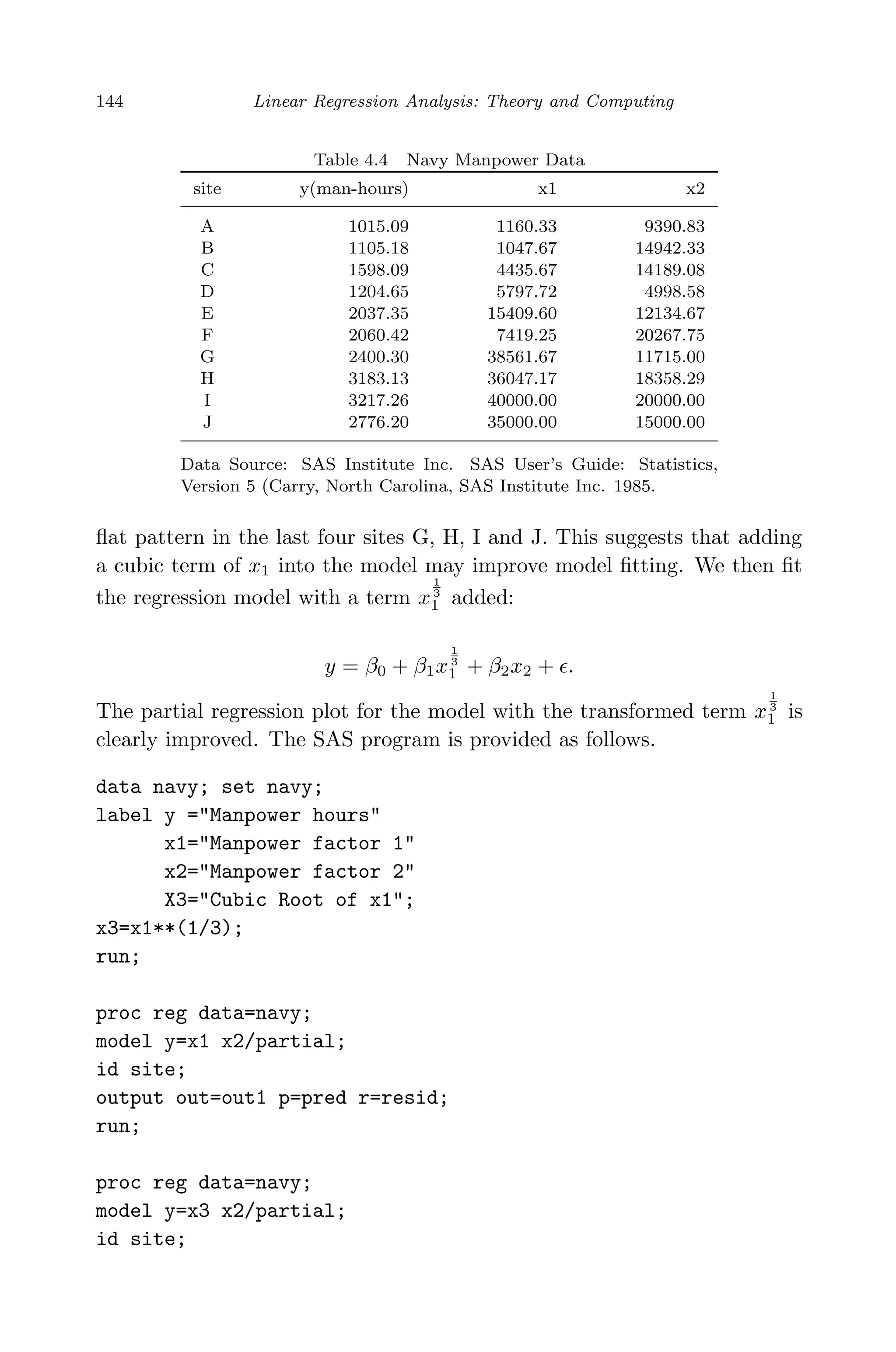 April 29, 2009 11:50 World Scientiﬁc Book - 9in x 6in Regression˙master
144 Linear Regression Analysis: Theory and Computing
Table 4.4 Navy Manpower Data
site y(man-hours) x1 x2
A 1015.09 1160.33 9390.83
B 1105.18 1047.67 14942.33
C 1598.09 4435.67 14189.08
D 1204.65 5797.72 4998.58
E 2037.35 15409.60 12134.67
F 2060.42 7419.25 20267.75
G 2400.30 38561.67 11715.00
H 3183.13 36047.17 18358.29
I 3217.26 40000.00 20000.00
J 2776.20 35000.00 15000.00
Data Source: SAS Institute Inc. SAS User’s Guide: Statistics,
Version 5 (Carry, North Carolina, SAS Institute Inc. 1985.
ﬂat pattern in the last four sites G, H, I and J. This suggests that adding
a cubic term of x1 into the model may improve model ﬁtting. We then ﬁt
the regression model with a term x
1
3
1 added:
y = β0 + β1x
1
3
1 + β2x2 + .
The partial regression plot for the model with the transformed term x
1
3
1 is
clearly improved. The SAS program is provided as follows.
data navy; set navy;
label y ="Manpower hours"
x1="Manpower factor 1"
x2="Manpower factor 2"
X3="Cubic Root of x1";
x3=x1**(1/3);
run;
proc reg data=navy;
model y=x1 x2/partial;
id site;
output out=out1 p=pred r=resid;
run;
proc reg data=navy;
model y=x3 x2/partial;
id site;
 