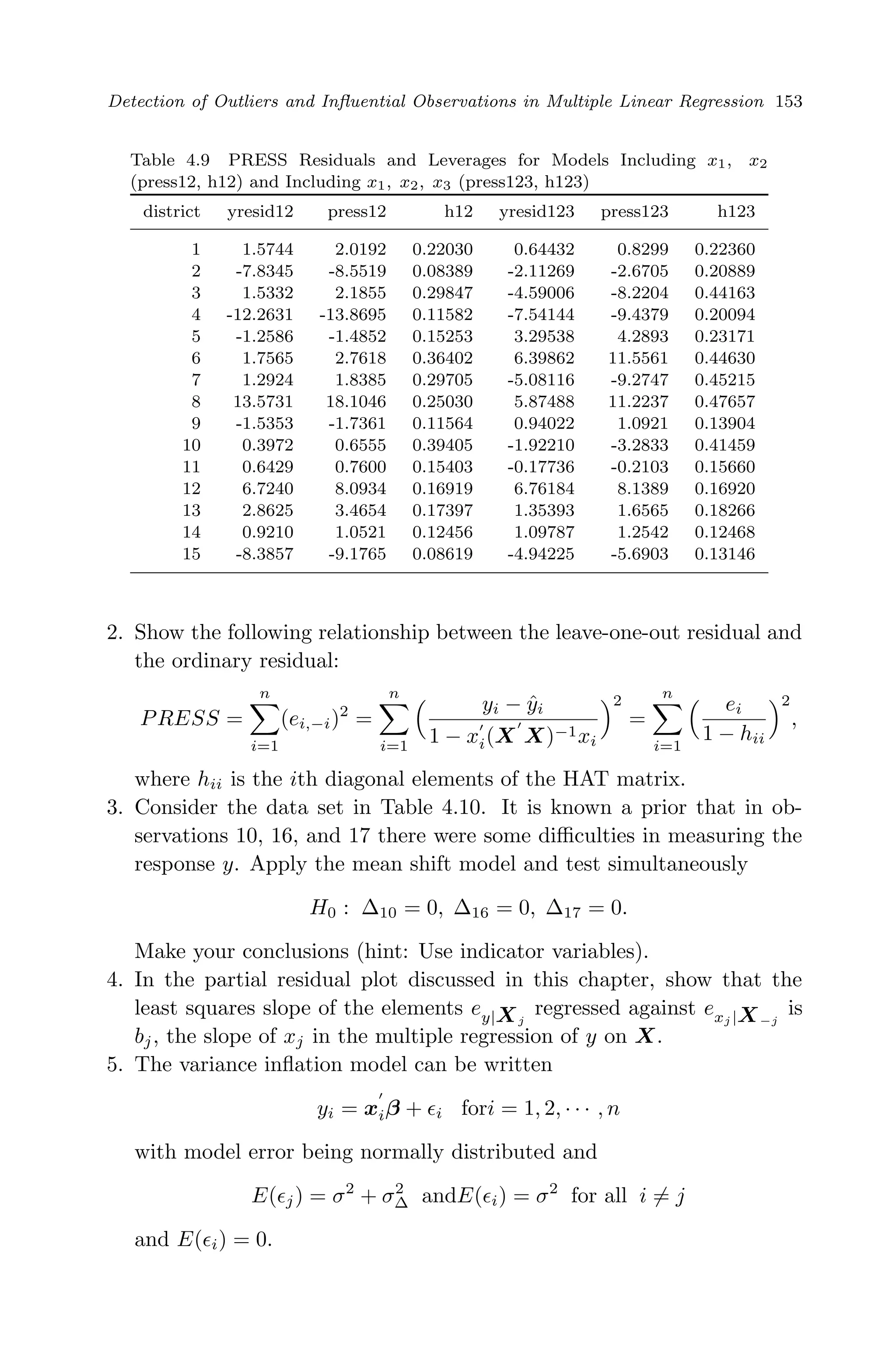 April 29, 2009 11:50 World Scientiﬁc Book - 9in x 6in Regression˙master
Detection of Outliers and Inﬂuential Observations in Multiple Linear Regression 153
Table 4.9 PRESS Residuals and Leverages for Models Including x1, x2
(press12, h12) and Including x1, x2, x3 (press123, h123)
district yresid12 press12 h12 yresid123 press123 h123
1 1.5744 2.0192 0.22030 0.64432 0.8299 0.22360
2 -7.8345 -8.5519 0.08389 -2.11269 -2.6705 0.20889
3 1.5332 2.1855 0.29847 -4.59006 -8.2204 0.44163
4 -12.2631 -13.8695 0.11582 -7.54144 -9.4379 0.20094
5 -1.2586 -1.4852 0.15253 3.29538 4.2893 0.23171
6 1.7565 2.7618 0.36402 6.39862 11.5561 0.44630
7 1.2924 1.8385 0.29705 -5.08116 -9.2747 0.45215
8 13.5731 18.1046 0.25030 5.87488 11.2237 0.47657
9 -1.5353 -1.7361 0.11564 0.94022 1.0921 0.13904
10 0.3972 0.6555 0.39405 -1.92210 -3.2833 0.41459
11 0.6429 0.7600 0.15403 -0.17736 -0.2103 0.15660
12 6.7240 8.0934 0.16919 6.76184 8.1389 0.16920
13 2.8625 3.4654 0.17397 1.35393 1.6565 0.18266
14 0.9210 1.0521 0.12456 1.09787 1.2542 0.12468
15 -8.3857 -9.1765 0.08619 -4.94225 -5.6903 0.13146
2. Show the following relationship between the leave-one-out residual and
the ordinary residual:
PRESS =
n
i=1
(ei,−i)2
=
n
i=1
yi − ˆyi
1 − xi(X X)−1xi
2
=
n
i=1
ei
1 − hii
2
,
where hii is the ith diagonal elements of the HAT matrix.
3. Consider the data set in Table 4.10. It is known a prior that in ob-
servations 10, 16, and 17 there were some diﬃculties in measuring the
response y. Apply the mean shift model and test simultaneously
H0 : ∆10 = 0, ∆16 = 0, ∆17 = 0.
Make your conclusions (hint: Use indicator variables).
4. In the partial residual plot discussed in this chapter, show that the
least squares slope of the elements ey|Xj
regressed against exj |X−j
is
bj, the slope of xj in the multiple regression of y on X.
5. The variance inﬂation model can be written
yi = xiβ + i fori = 1, 2, · · · , n
with model error being normally distributed and
E( j) = σ2
+ σ2
∆ andE( i) = σ2
for all i = j
and E( i) = 0.
 