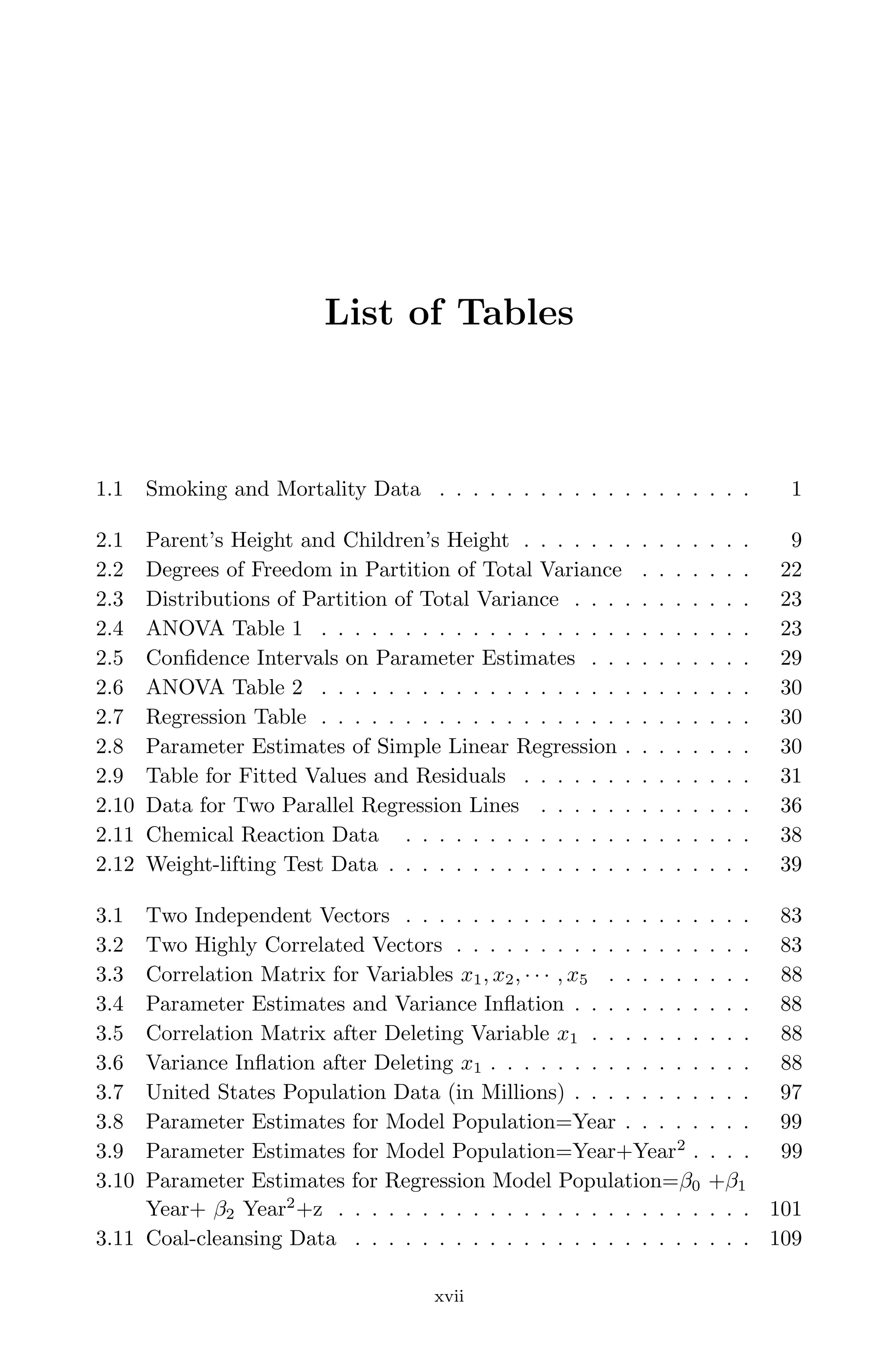 April 29, 2009 11:50 World Scientiﬁc Book - 9in x 6in Regression˙master
List of Tables
1.1 Smoking and Mortality Data . . . . . . . . . . . . . . . . . . . 1
2.1 Parent’s Height and Children’s Height . . . . . . . . . . . . . . 9
2.2 Degrees of Freedom in Partition of Total Variance . . . . . . . 22
2.3 Distributions of Partition of Total Variance . . . . . . . . . . . 23
2.4 ANOVA Table 1 . . . . . . . . . . . . . . . . . . . . . . . . . . 23
2.5 Conﬁdence Intervals on Parameter Estimates . . . . . . . . . . 29
2.6 ANOVA Table 2 . . . . . . . . . . . . . . . . . . . . . . . . . . 30
2.7 Regression Table . . . . . . . . . . . . . . . . . . . . . . . . . . 30
2.8 Parameter Estimates of Simple Linear Regression . . . . . . . . 30
2.9 Table for Fitted Values and Residuals . . . . . . . . . . . . . . 31
2.10 Data for Two Parallel Regression Lines . . . . . . . . . . . . . 36
2.11 Chemical Reaction Data . . . . . . . . . . . . . . . . . . . . . 38
2.12 Weight-lifting Test Data . . . . . . . . . . . . . . . . . . . . . . 39
3.1 Two Independent Vectors . . . . . . . . . . . . . . . . . . . . . 83
3.2 Two Highly Correlated Vectors . . . . . . . . . . . . . . . . . . 83
3.3 Correlation Matrix for Variables x1, x2, · · · , x5 . . . . . . . . . 88
3.4 Parameter Estimates and Variance Inﬂation . . . . . . . . . . . 88
3.5 Correlation Matrix after Deleting Variable x1 . . . . . . . . . . 88
3.6 Variance Inﬂation after Deleting x1 . . . . . . . . . . . . . . . . 88
3.7 United States Population Data (in Millions) . . . . . . . . . . . 97
3.8 Parameter Estimates for Model Population=Year . . . . . . . . 99
3.9 Parameter Estimates for Model Population=Year+Year2
. . . . 99
3.10 Parameter Estimates for Regression Model Population=β0 +β1
Year+ β2 Year2
+z . . . . . . . . . . . . . . . . . . . . . . . . . 101
3.11 Coal-cleansing Data . . . . . . . . . . . . . . . . . . . . . . . . 109
xvii
 