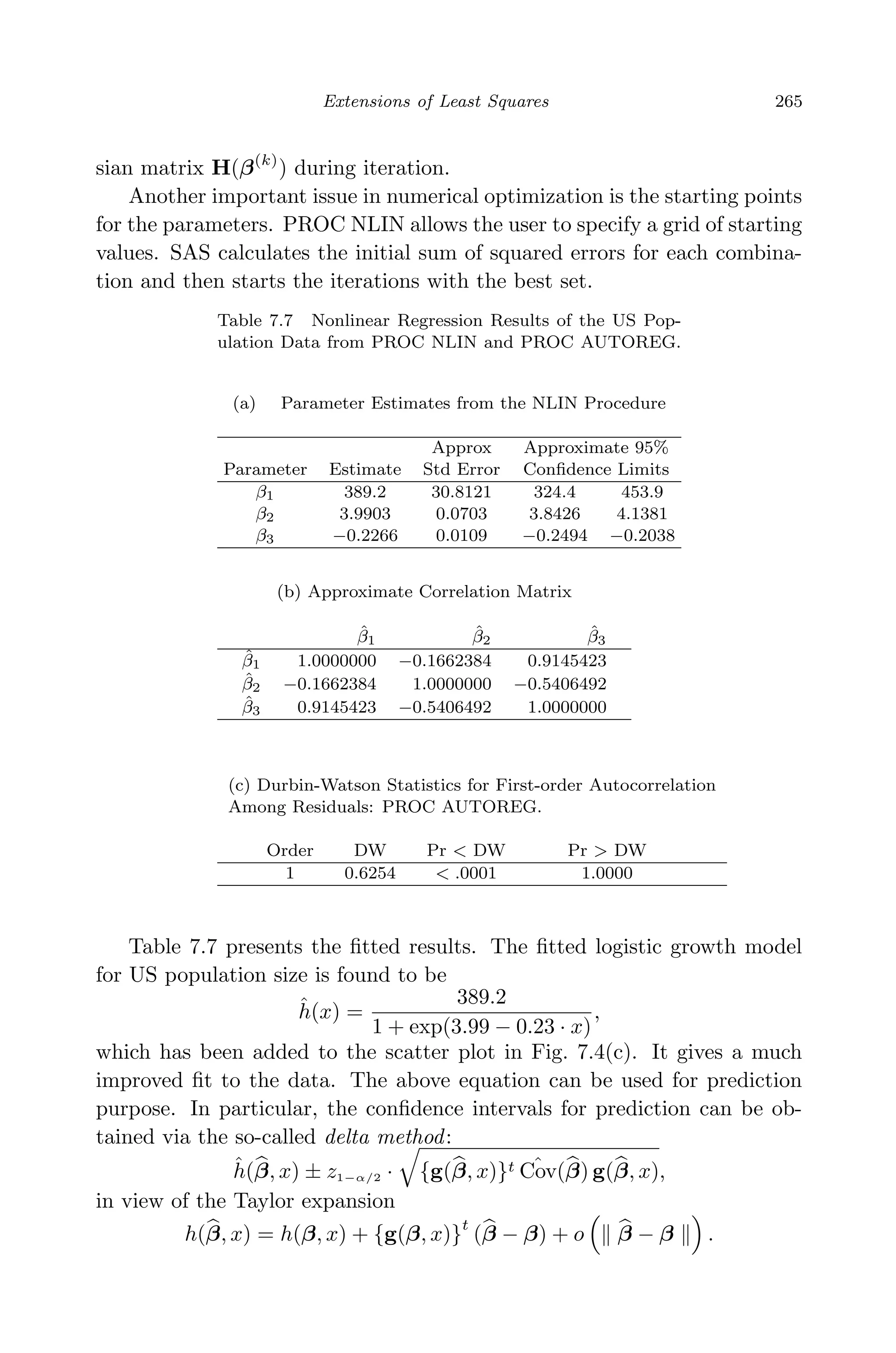 April 29, 2009 11:50 World Scientiﬁc Book - 9in x 6in Regression˙master
Extensions of Least Squares 265
sian matrix H(β(k)
) during iteration.
Another important issue in numerical optimization is the starting points
for the parameters. PROC NLIN allows the user to specify a grid of starting
values. SAS calculates the initial sum of squared errors for each combina-
tion and then starts the iterations with the best set.
Table 7.7 Nonlinear Regression Results of the US Pop-
ulation Data from PROC NLIN and PROC AUTOREG.
(a) Parameter Estimates from the NLIN Procedure
Approx Approximate 95%
Parameter Estimate Std Error Conﬁdence Limits
β1 389.2 30.8121 324.4 453.9
β2 3.9903 0.0703 3.8426 4.1381
β3 −0.2266 0.0109 −0.2494 −0.2038
(b) Approximate Correlation Matrix
ˆβ1
ˆβ2
ˆβ3
ˆβ1 1.0000000 −0.1662384 0.9145423
ˆβ2 −0.1662384 1.0000000 −0.5406492
ˆβ3 0.9145423 −0.5406492 1.0000000
(c) Durbin-Watson Statistics for First-order Autocorrelation
Among Residuals: PROC AUTOREG.
Order DW Pr < DW Pr > DW
1 0.6254 < .0001 1.0000
Table 7.7 presents the ﬁtted results. The ﬁtted logistic growth model
for US population size is found to be
ˆh(x) =
389.2
1 + exp(3.99 − 0.23 · x)
,
which has been added to the scatter plot in Fig. 7.4(c). It gives a much
improved ﬁt to the data. The above equation can be used for prediction
purpose. In particular, the conﬁdence intervals for prediction can be ob-
tained via the so-called delta method:
ˆh(β, x) ± z1−α/2 · {g(β, x)}t ˆCov(β) g(β, x),
in view of the Taylor expansion
h(β, x) = h(β, x) + {g(β, x)}
t
(β − β) + o β − β .
 