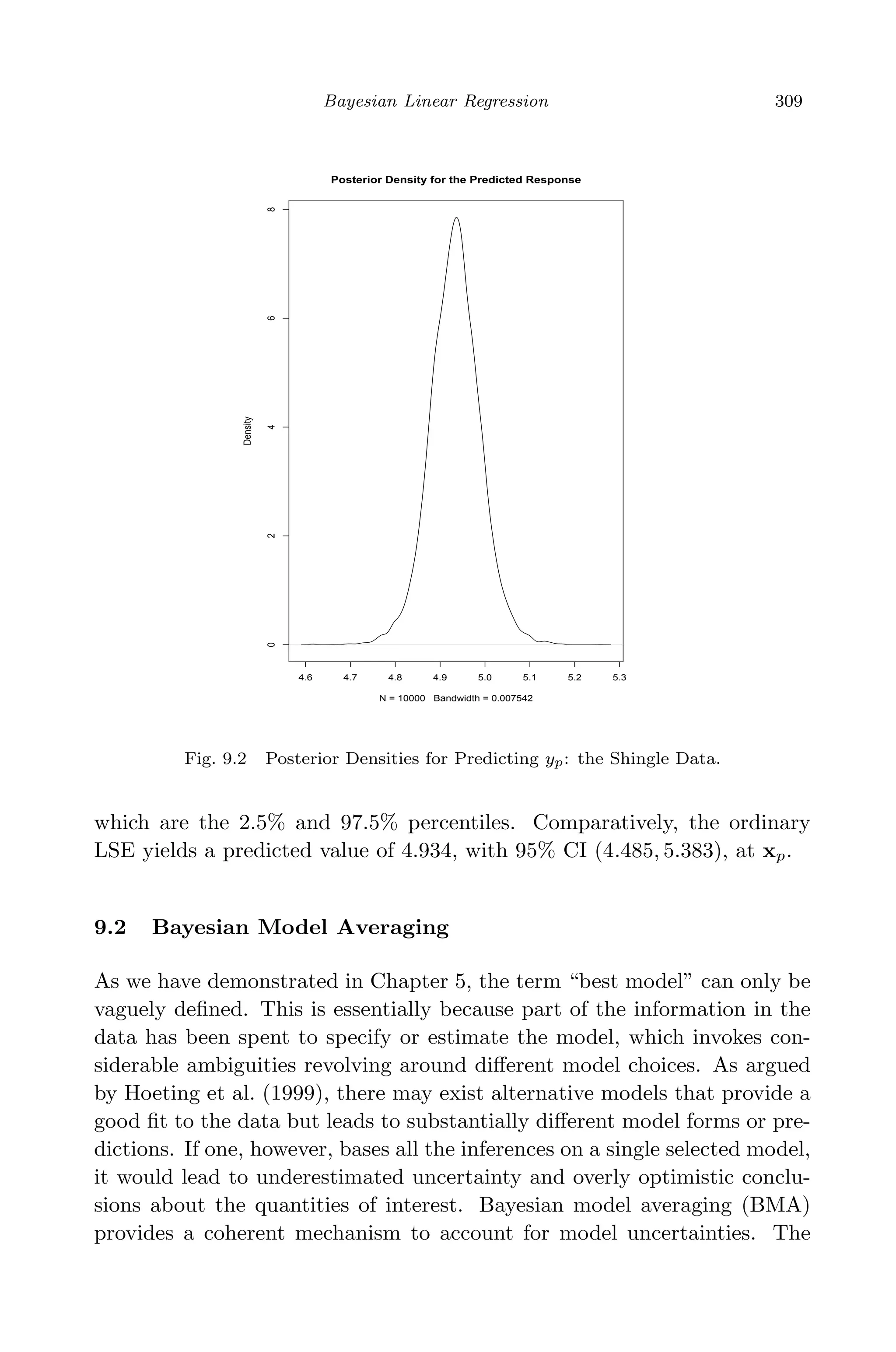 April 29, 2009 11:50 World Scientiﬁc Book - 9in x 6in Regression˙master
Bayesian Linear Regression 309
4.6 4.7 4.8 4.9 5.0 5.1 5.2 5.3
02468
Posterior Density for the Predicted Response
N = 10000 Bandwidth = 0.007542
Density
Fig. 9.2 Posterior Densities for Predicting yp: the Shingle Data.
which are the 2.5% and 97.5% percentiles. Comparatively, the ordinary
LSE yields a predicted value of 4.934, with 95% CI (4.485, 5.383), at xp.
9.2 Bayesian Model Averaging
As we have demonstrated in Chapter 5, the term “best model” can only be
vaguely deﬁned. This is essentially because part of the information in the
data has been spent to specify or estimate the model, which invokes con-
siderable ambiguities revolving around diﬀerent model choices. As argued
by Hoeting et al. (1999), there may exist alternative models that provide a
good ﬁt to the data but leads to substantially diﬀerent model forms or pre-
dictions. If one, however, bases all the inferences on a single selected model,
it would lead to underestimated uncertainty and overly optimistic conclu-
sions about the quantities of interest. Bayesian model averaging (BMA)
provides a coherent mechanism to account for model uncertainties. The
 