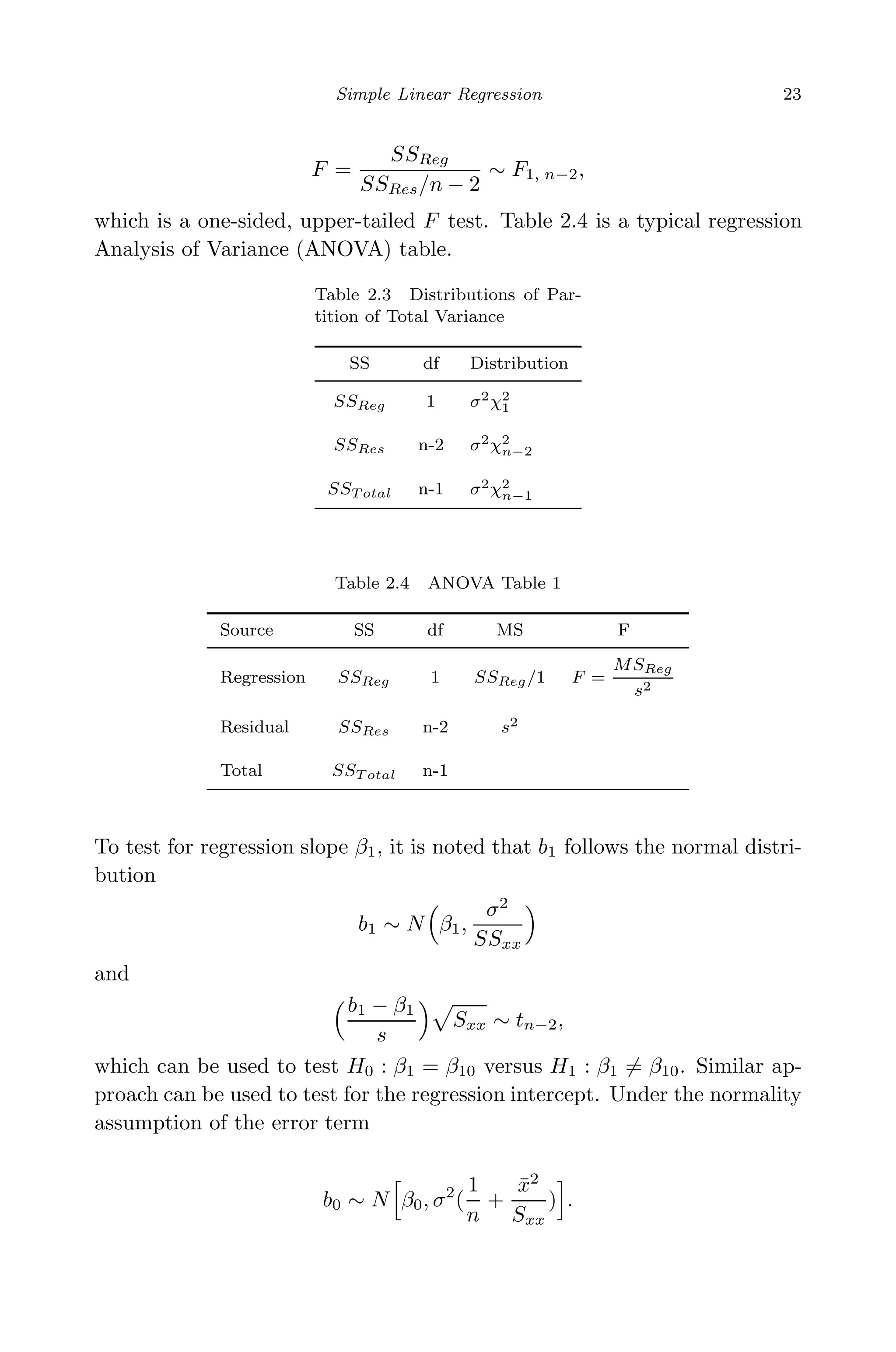 May 7, 2009 10:22 World Scientiﬁc Book - 9in x 6in Regression˙master
Simple Linear Regression 23
F =
SSReg
SSRes/n − 2
∼ F1, n−2,
which is a one-sided, upper-tailed F test. Table 2.4 is a typical regression
Analysis of Variance (ANOVA) table.
Table 2.3 Distributions of Par-
tition of Total Variance
SS df Distribution
SSReg 1 σ2χ2
1
SSRes n-2 σ2χ2
n−2
SST otal n-1 σ2χ2
n−1
Table 2.4 ANOVA Table 1
Source SS df MS F
Regression SSReg 1 SSReg/1 F =
MSReg
s2
Residual SSRes n-2 s2
Total SST otal n-1
To test for regression slope β1, it is noted that b1 follows the normal distri-
bution
b1 ∼ N β1,
σ2
SSxx
and
b1 − β1
s
Sxx ∼ tn−2,
which can be used to test H0 : β1 = β10 versus H1 : β1 = β10. Similar ap-
proach can be used to test for the regression intercept. Under the normality
assumption of the error term
b0 ∼ N β0, σ2
(
1
n
+
¯x2
Sxx
) .
 