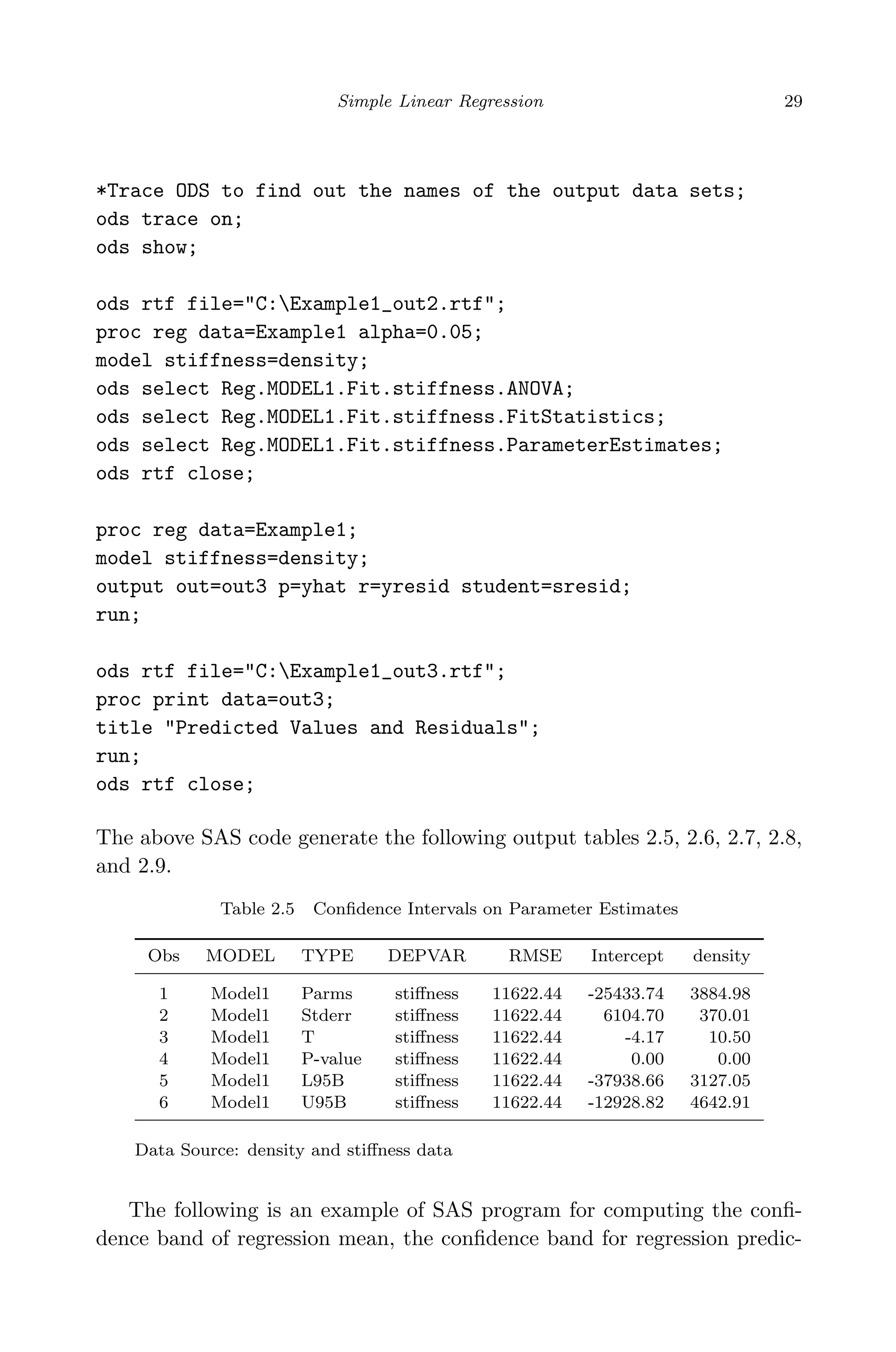 April 29, 2009 11:50 World Scientiﬁc Book - 9in x 6in Regression˙master
Simple Linear Regression 29
*Trace ODS to find out the names of the output data sets;
ods trace on;
ods show;
ods rtf file="C:Example1_out2.rtf";
proc reg data=Example1 alpha=0.05;
model stiffness=density;
ods select Reg.MODEL1.Fit.stiffness.ANOVA;
ods select Reg.MODEL1.Fit.stiffness.FitStatistics;
ods select Reg.MODEL1.Fit.stiffness.ParameterEstimates;
ods rtf close;
proc reg data=Example1;
model stiffness=density;
output out=out3 p=yhat r=yresid student=sresid;
run;
ods rtf file="C:Example1_out3.rtf";
proc print data=out3;
title "Predicted Values and Residuals";
run;
ods rtf close;
The above SAS code generate the following output tables 2.5, 2.6, 2.7, 2.8,
and 2.9.
Table 2.5 Conﬁdence Intervals on Parameter Estimates
Obs MODEL TYPE DEPVAR RMSE Intercept density
1 Model1 Parms stiﬀness 11622.44 -25433.74 3884.98
2 Model1 Stderr stiﬀness 11622.44 6104.70 370.01
3 Model1 T stiﬀness 11622.44 -4.17 10.50
4 Model1 P-value stiﬀness 11622.44 0.00 0.00
5 Model1 L95B stiﬀness 11622.44 -37938.66 3127.05
6 Model1 U95B stiﬀness 11622.44 -12928.82 4642.91
Data Source: density and stiﬀness data
The following is an example of SAS program for computing the conﬁ-
dence band of regression mean, the conﬁdence band for regression predic-
 