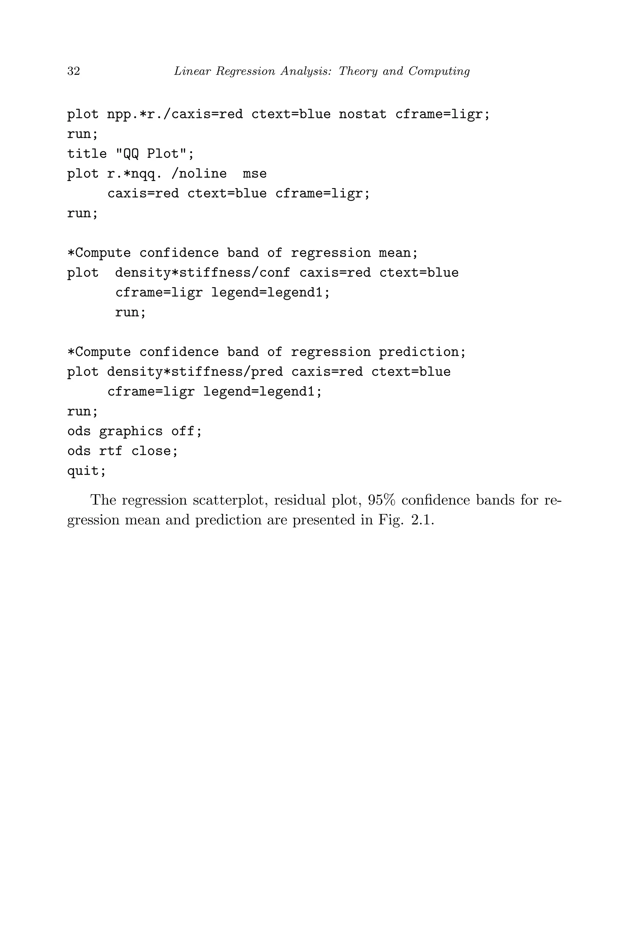 April 29, 2009 11:50 World Scientiﬁc Book - 9in x 6in Regression˙master
32 Linear Regression Analysis: Theory and Computing
plot npp.*r./caxis=red ctext=blue nostat cframe=ligr;
run;
title "QQ Plot";
plot r.*nqq. /noline mse
caxis=red ctext=blue cframe=ligr;
run;
*Compute confidence band of regression mean;
plot density*stiffness/conf caxis=red ctext=blue
cframe=ligr legend=legend1;
run;
*Compute confidence band of regression prediction;
plot density*stiffness/pred caxis=red ctext=blue
cframe=ligr legend=legend1;
run;
ods graphics off;
ods rtf close;
quit;
The regression scatterplot, residual plot, 95% conﬁdence bands for re-
gression mean and prediction are presented in Fig. 2.1.
 