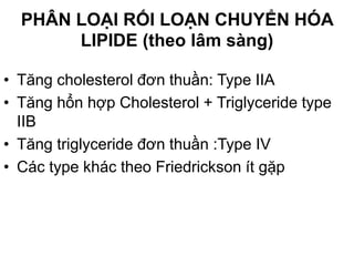 PHÂN LOẠI RỐI LOẠN CHUYỂN HÓA
LIPIDE (theo lâm sàng)
• Tăng cholesterol đơn thuần: Type IIA
• Tăng hổn hợp Cholesterol + Triglyceride type
IIB
• Tăng triglyceride đơn thuần :Type IV
• Các type khác theo Friedrickson ít gặp
 