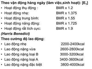 Theo vận động hàng ngày (làm việc,sinh hoạt): [E1]
• Hoạt động thụ động : BMR x 1.2
• Hoạt động nhẹ: BMR x 1.375
• Hoạt động trung bình: BMR x 1.55
• Hoạt động năng động: BMR x 1.725
• Hoạt động rất tích cực: BMR x 1.9
(Harris Benedict)
Theo cường độ lao động:
• Lao động nhẹ 2200-2400kcal
• Lao động nặng vừa 2600-2800kcal
• Lao động nặng loại B 3000-3200kcal
• Lao động nặng loại A 3400-3600kcal
• Lao động nặng đặc biệt 3800-4000kcal
 