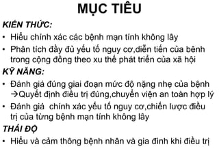 MỤC TIÊU
KIẾN THỨC:
• Hiểu chính xác các bệnh mạn tính không lây
• Phân tích đầy đủ yếu tố nguy cơ,diễn tiến của bênh
trong cộng đồng theo xu thế phát triển của xã hội
KỸ NĂNG:
• Đánh giá đúng giai đoạn mức độ nặng nhẹ của bệnh
Quyết định điều trị đúng,chuyển viện an toàn hợp lý
• Đánh giá chính xác yếu tố nguy cơ,chiến lược điều
trị của từng bệnh mạn tính không lây
THÁI ĐỘ
• Hiểu và cảm thông bệnh nhân và gia đình khi điều trị
 