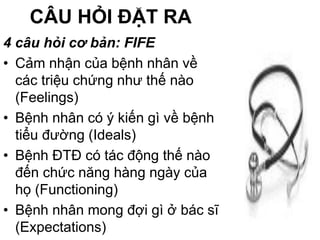 CÂU HỎI ĐẶT RA
4 câu hỏi cơ bản: FIFE
• Cảm nhận của bệnh nhân về
các triệu chứng như thế nào
(Feelings)
• Bệnh nhân có ý kiến gì về bệnh
tiểu đường (Ideals)
• Bệnh ĐTĐ có tác động thế nào
đến chức năng hàng ngày của
họ (Functioning)
• Bệnh nhân mong đợi gì ở bác sĩ
(Expectations)
 