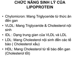 CHỨC NĂNG SINH LÝ CỦA
LIPOPROTEIN
• Chylomicron: Mang Triglyceride từ thức ăn
đến gan
• VLDL: Mang Triglyceride & Cholesterol nội
sinh
• IDL : Dạng trung gian của VLDL và LDL
• LDL: Mang Cholesterol nội sinh đến các tế
bào ( Cholesterol xấu)
• HDL: Mang Cholesterol từ tế bào đến gan
(Cholesterol tốt)
 