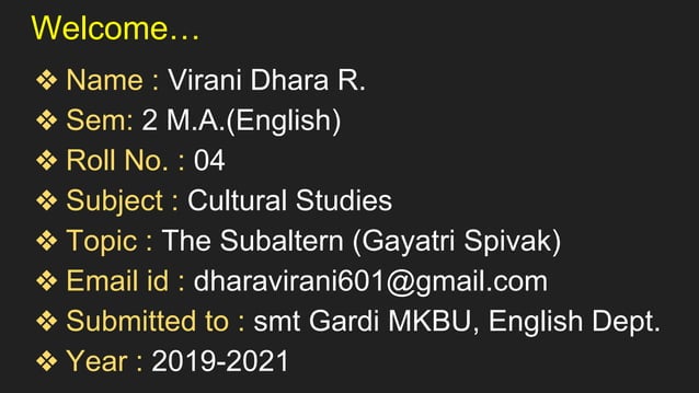 Presentation slide emphasizing the role of power in defining the subaltern