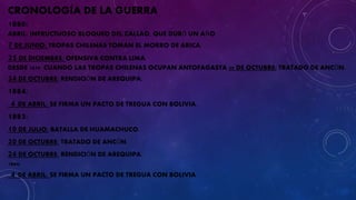 CRONOLOGÍA DE LA GUERRA 
1880: 
ABRIL: INFRUCTUOSO BLOQUEO DEL CALLAO, QUE DURÓ UN AÑO. 
7 DE JUNIO: TROPAS CHILENAS TOMAN EL MORRO DE ARICA. 
25 DE DICIEMBRE: OFENSIVA CONTRA LIMA. 
DESDE 1879, CUANDO LAS TROPAS CHILENAS OCUPAN ANTOFAGASTA 20 DE OCTUBRE: TRATADO DE ANCÓN. 
24 DE OCTUBRE: RENDICIÓN DE AREQUIPA. 
1884: 
4 DE ABRIL: SE FIRMA UN PACTO DE TREGUA CON BOLIVIA. 
1883: 
10 DE JULIO: BATALLA DE HUAMACHUCO. 
20 DE OCTUBRE: TRATADO DE ANCÓN. 
24 DE OCTUBRE: RENDICIÓN DE AREQUIPA. 
1884: 
4 DE ABRIL: SE FIRMA UN PACTO DE TREGUA CON BOLIVIA. 
 
