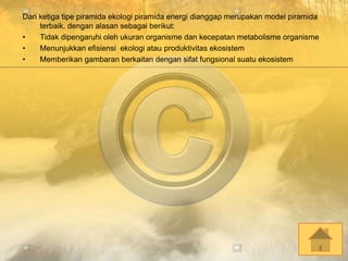Dari ketiga tipe piramida ekologi piramida energi dianggap merupakan model piramida
terbaik, dengan alasan sebagai berikut:
• Tidak dipengaruhi oleh ukuran organisme dan kecepatan metabolisme organisme
• Menunjukkan efisiensi ekologi atau produktivitas ekosistem
• Memberikan gambaran berkaitan dengan sifat fungsional suatu ekosistem
 