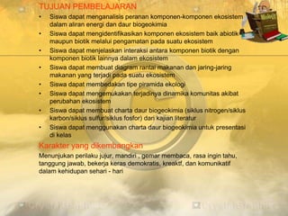 TUJUAN PEMBELAJARAN
• Siswa dapat menganalisis peranan komponen-komponen ekosistem
dalam aliran energi dan daur biogeokimia
• Siswa dapat mengidentifikasikan komponen ekosistem baik abiotik
maupun biotik melalui pengamatan pada suatu ekosistem
• Siswa dapat menjelaskan interaksi antara komponen biotik dengan
komponen biotik lainnya dalam ekosistem
• Siswa dapat membuat diagram rantai makanan dan jaring-jaring
makanan yang terjadi pada suatu ekosistem
• Siswa dapat membedakan tipe piramida ekologi
• Siswa dapat mengemukakan terjadinya dinamika komunitas akibat
perubahan ekosistem
• Siswa dapat membuat charta daur biogeokimia (siklus nitrogen/siklus
karbon/siklus sulfur/siklus fosfor) dari kajian literatur
• Siswa dapat menggunakan charta daur biogeokimia untuk presentasi
di kelas
Karakter yang dikembangkan
Menunjukan perilaku jujur, mandiri , gemar membaca, rasa ingin tahu,
tanggung jawab, bekerja keras demokratis, kreaktf, dan komunikatif
dalam kehidupan sehari - hari
 