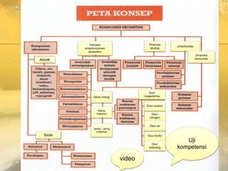 Abiotik
Biotik
Interaksi
antarkomponen
ekosistem
Jaring – jaring
makanan
Rantai
makanan
Aliran energi
Piramida
ekologi
produktivitas
Daur
nitrogen
Daur karbon
Daur
biogeokimia
Daur fosfor
Daur air
Daur
belerang
Dinamika
komunitas
Uji
kompetensi
video
 