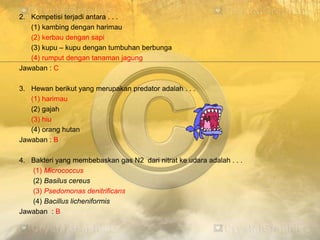 2. Kompetisi terjadi antara . . .
(1) kambing dengan harimau
(2) kerbau dengan sapi
(3) kupu – kupu dengan tumbuhan berbunga
(4) rumput dengan tanaman jagung
Jawaban : C
3. Hewan berikut yang merupakan predator adalah . . .
(1) harimau
(2) gajah
(3) hiu
(4) orang hutan
Jawaban : B
4. Bakteri yang membebaskan gas N2 dari nitrat ke udara adalah . . .
(1) Micrococcus
(2) Basilus cereus
(3) Psedomonas denitrificans
(4) Bacillus licheniformis
Jawaban : B
 