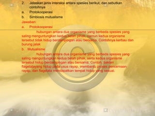 2. Jelaskan jenis interaksi antara spesies berikut, dan sebutkan
contohnya
a. Protokooperasi
b. Simbiosis mutualisme
Jawaban:
a. Protokooperasi
hubungan antara dua organisme yang berbeda spesies yang
saling menguntungkan kedua belah pihak, namun kedua organisme
tersebut tidak hidup berdampingan atau bersama. Contohnya kerbau dan
burung jalak
b. Mutualisme
hubungan antara dua organisme yang berbeda spesies yang
saling menguntungkan kedua belah pihak, serta kedua organisme
tersebut hidup berdampingan atau bersama. Contoh, bakteri
flagelatayang hidup pada usus rayap, membantu proses pencernaan
rayap, dan flagelata mendapatkan tempat hidup yang sesuai.
 