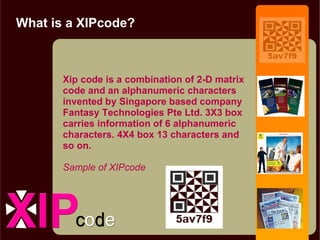 What is a XIPcode?



       Xip code is a combination of 2-D matrix
       code and an alphanumeric characters
       invented by Singapore based company
       Fantasy Technologies Pte Ltd. 3X3 box
       carries information of 6 alphanumeric
       characters. 4X4 box 13 characters and
       so on.

       Sample of XIPcode
 