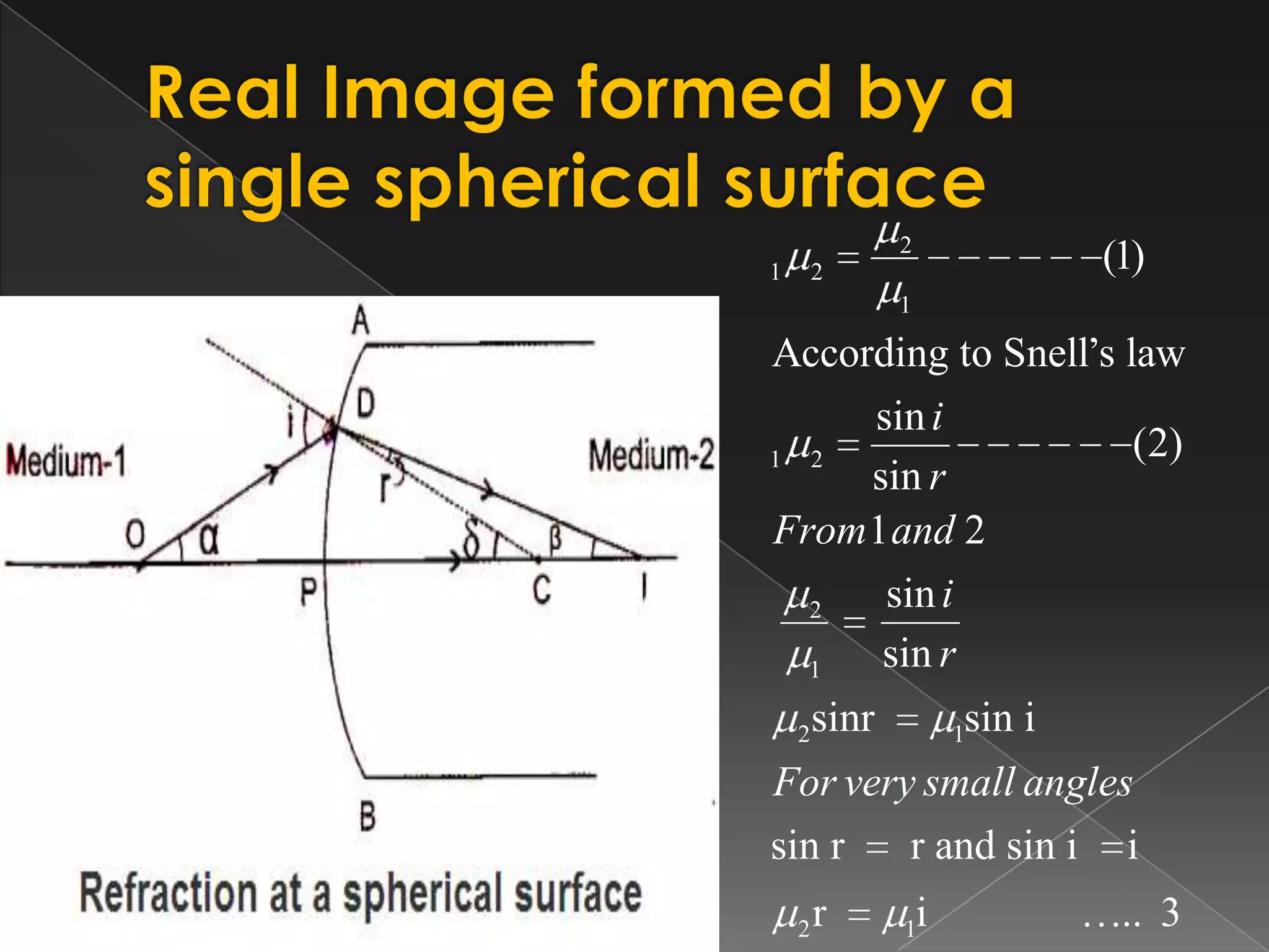 2
1 2
1
1 2
2
1
2 1
2 1
(1)
According to Snell’s law
sin
(2)
sin
1 2
sin
sin
sinr sin i
sin r r and sin i i
r i .. 3
i
r
From and
i
r
For very small angles
 