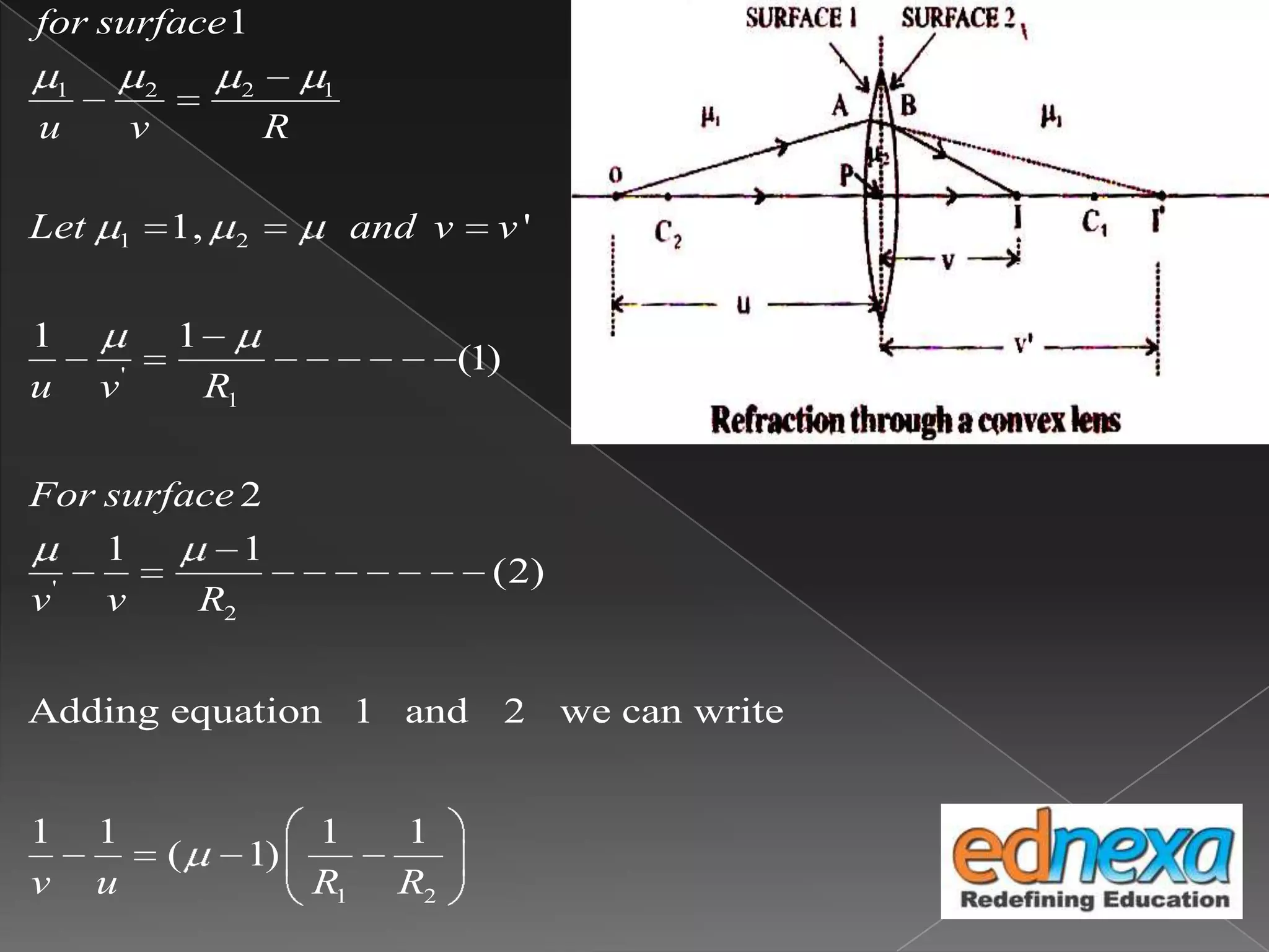 1 2 2 1
1 2
'
1
'
2
1 2
1
1, '
1 1
(1)
2
1 1
(2)
Adding equation 1 and 2 we can write
1 1 1 1
( 1)
for surface
u v R
Let and v v
u v R
For surface
v v R
v u R R
 