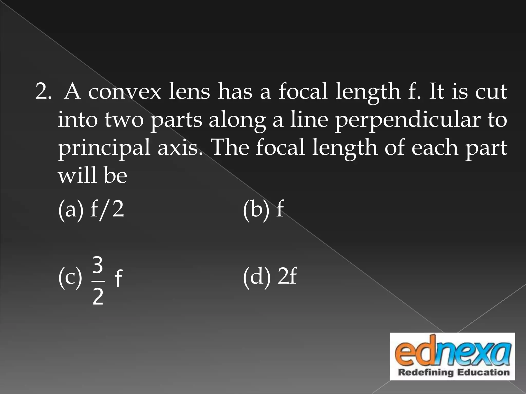 2. A convex lens has a focal length f. It is cut
into two parts along a line perpendicular to
principal axis. The focal length of each part
will be
(a) f/2 (b) f
(c) (d) 2f3
f
2
 