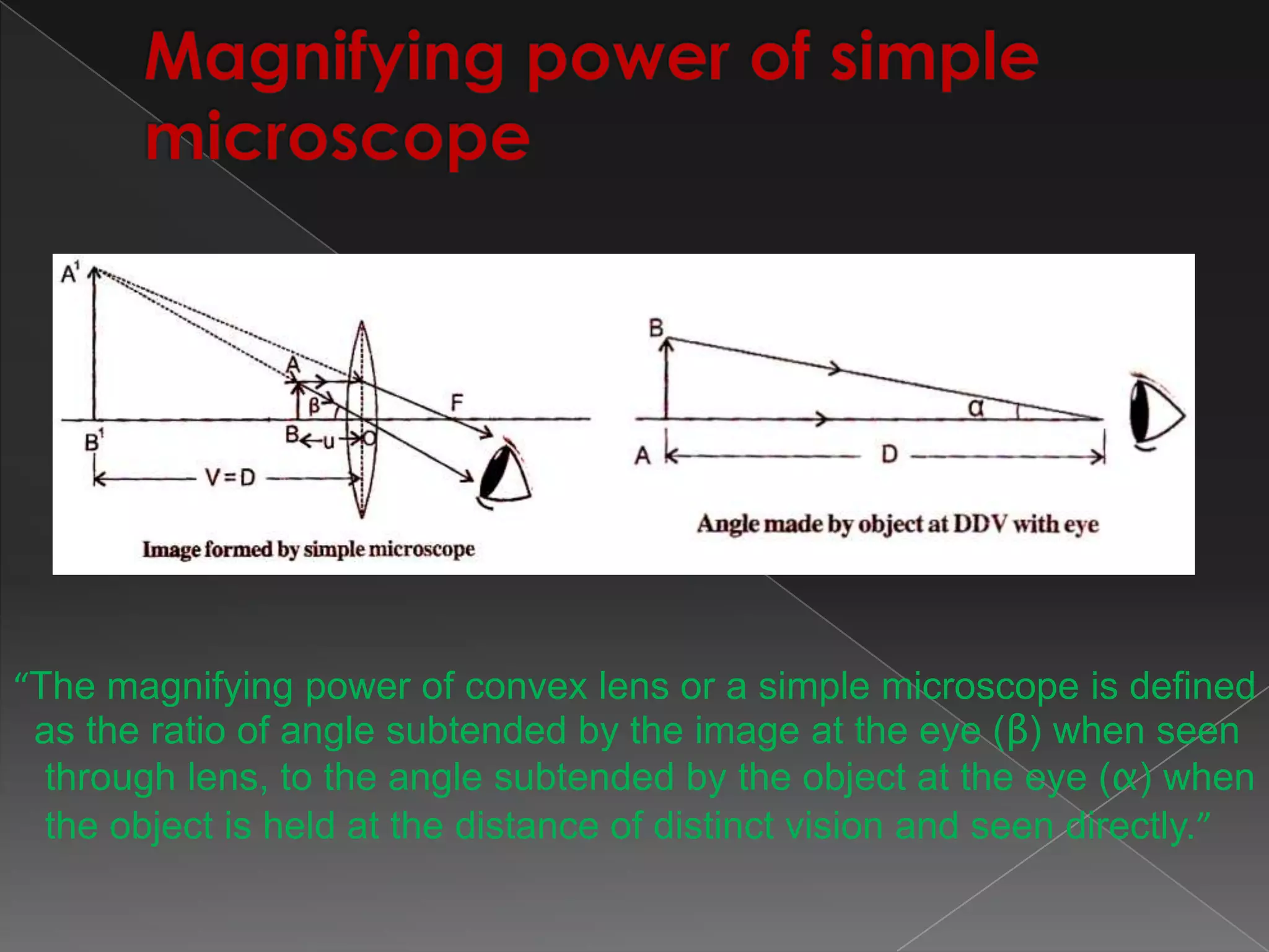 “The magnifying power of convex lens or a simple microscope is defined
as the ratio of angle subtended by the image at the eye (β) when seen
through lens, to the angle subtended by the object at the eye (α) when
the object is held at the distance of distinct vision and seen directly.”
 