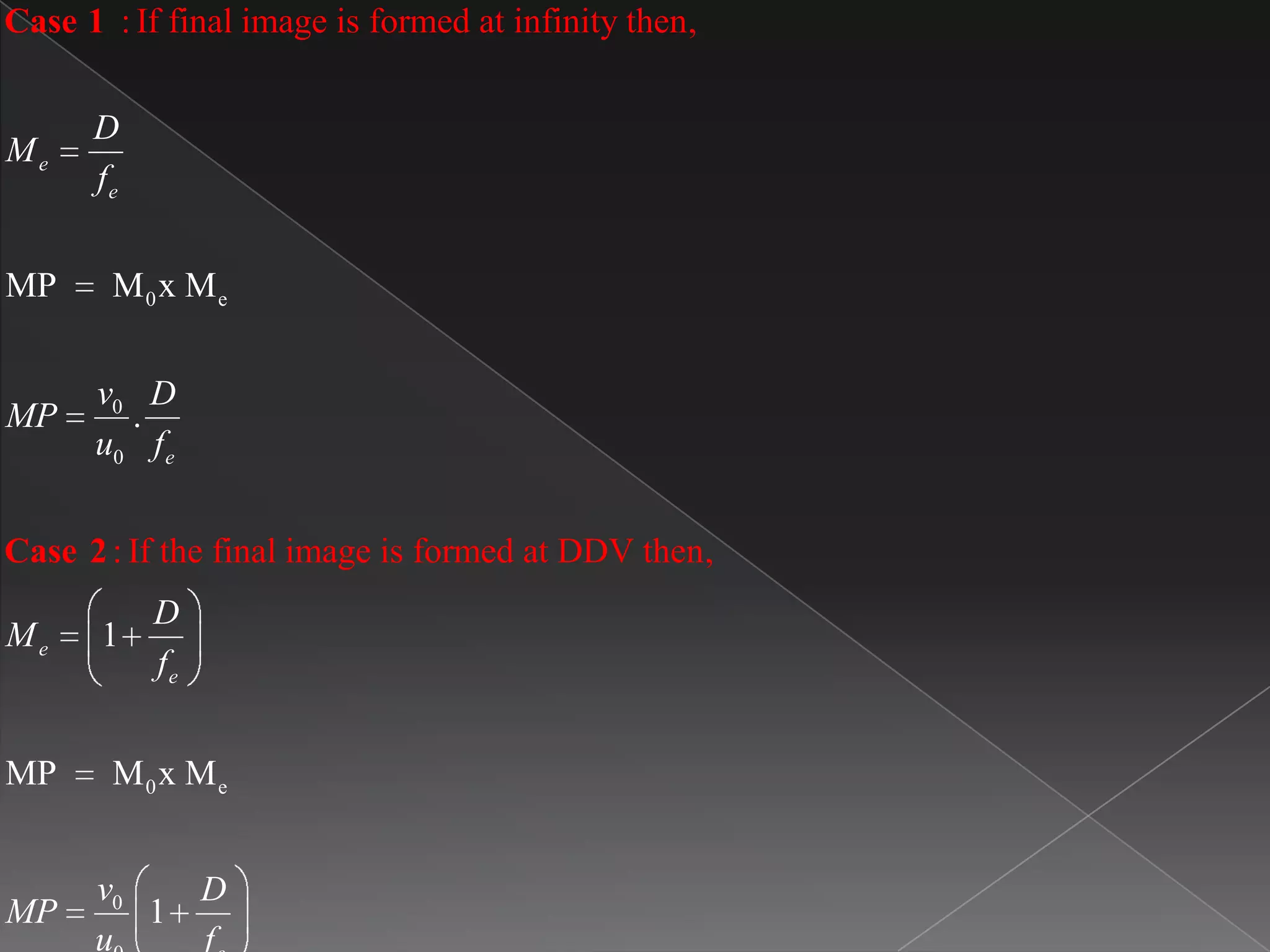 0 e
0
0
0 e
0
: If final image is formed at infinity then,
: If the final image is formed
MP M x M
.
1
MP M x M
1
at DDV then,
e
e
e
e
e
D
M
f
v D
MP
u f
D
M
f
v D
MP
u f
Case 1
Case 2
 