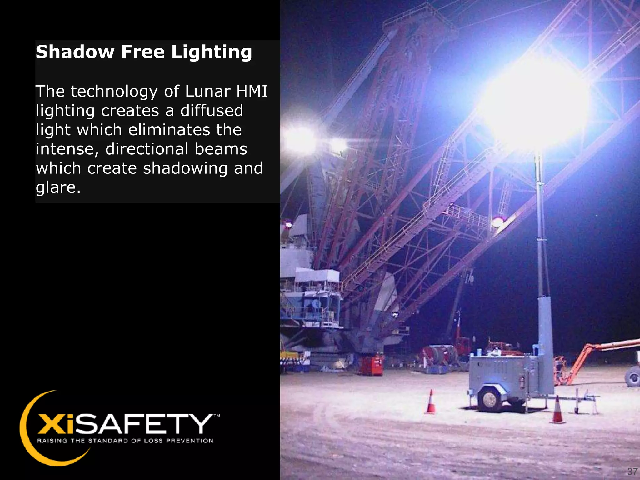 Shadow Free Lighting

The technology of Lunar HMI
lighting creates a diffused
light which eliminates the
intense, directional beams
which create shadowing and
glare.




                              37
 