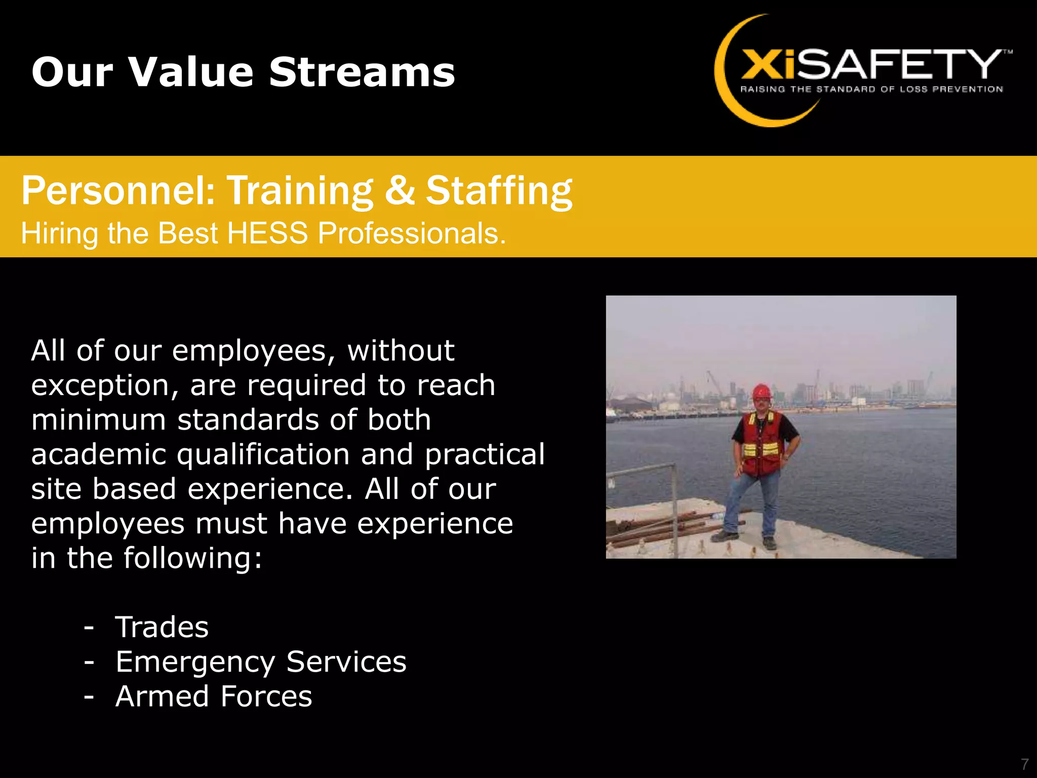 Our Value Streams

Personnel: Training & Staffing
Hiring the Best HESS Professionals.


All of our employees, without
exception, are required to reach
minimum standards of both
academic qualification and practical
site based experience. All of our
employees must have experience
in the following:

    - Trades
    - Emergency Services
    - Armed Forces

                                       7
 
