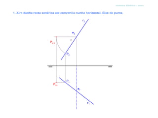 sistema diédrico - xiros


1. Xiro dunha recta xenérica ata convertila nunha horizontal. Eixe de punta.
 