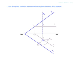 sistema diédrico - xiros


1. Xiro dun plano xenérico ata convertilo nun plano de canto. Eixe vertical.
 