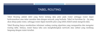 TABEL ROUTING
Tabel Routing adalah tabel yang berisi tentang data jalur pada router sehingga router dapat
berkomunikasi atau tukar menukar data dengan network yang berbeda. Tabel ini berisikan Ip – Ip yang
akan dituju pada router, sehingga router dapat memilih jalur yang lebih efektif untuk mengirim data.
Tabel Routing hanya memberikan informasi sedang routing algoritma yang menganalisa dan mengatur
routing table. Intinya, router hanya tahu cara menghubungkan nertwork atau subnet yang terubung
langsung dengan router tersebut.
 