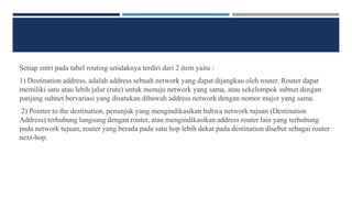 Setiap entri pada tabel routing setidaknya terdiri dari 2 item yaitu :
1) Destination address, adalah address sebuah network yang dapat dijangkau oleh router. Router dapat
memiliki satu atau lebih jalur (rute) untuk menuju network yang sama, atau sekelompok subnet dengan
panjang subnet bervariasi yang disatukan dibawah address network dengan nomor major yang sama.
2) Pointer to the destination, penunjuk yang mengindikasikan bahwa network tujuan (Destination
Address) terhubung langsung dengan router, atau mengindikasikan address router lain yang terhubung
pada network tujuan, router yang berada pada satu hop lebih dekat pada destination disebut sebagai router
next-hop.
 