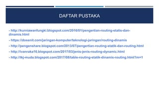 DAFTAR PUSTAKA
- http://kurniawanfungki.blogspot.com/2016/01/pengertian-routing-statis-dan-
dinamis.html
- https://dosenit.com/jaringan-komputer/teknologi-jaringan/routing-dinamis
- http://pengenshare.blogspot.com/2013/07/pengertian-routing-statik-dan-routing.html
- http://ivanraka16.blogspot.com/2017/03/jenis-jenis-routing-dynamic.html
- http://tkj-muda.blogspot.com/2017/08/table-routing-statik-dinamis-routing.html?m=1
 