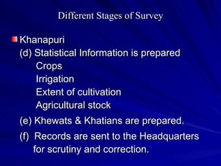 Different Stages of Survey Khanapuri (d) Statistical Information is prepared Crops Irrigation Extent of cultivation Agricultural stock (e) Khewats & Khatians are prepared. (f)  Records are sent to the Headquarters  for scrutiny and correction. 