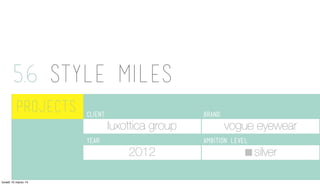 5.6 STYLE MILES
	
  	
  PROJECTS client: BRAND:
YEAR: AMBITION LEVEL:
luxottica group vogue eyewear
2012 silver
lunedì 10 ...