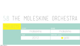 5.8 The Moleskine Orchestra
	
  	
  PROJECTS client: BRAND:
YEAR: AMBITION LEVEL:
moleskine moleskine
2012 gold
lunedì 10 ...