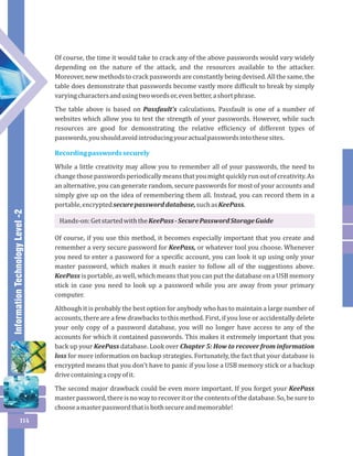 Information Technology Level -2 
114 
Of course, the time it would take to crack any of the above passwords would vary widely 
depending on the nature of the attack, and the resources available to the attacker. 
Moreover, new methods to crack passwords are constantly being devised. All the same, the 
table does demonstrate that passwords become vastly more difficult to break by simply 
varying characters and using two words or, even better, a short phrase. 
The table above is based on Passfault's calculations. Passfault is one of a number of 
websites which allow you to test the strength of your passwords. However, while such 
resources are good for demonstrating the relative efficiency of different types of 
passwords, you should avoid introducing your actual passwords into these sites. 
Recording passwords securely 
While a little creativity may allow you to remember all of your passwords, the need to 
change those passwords periodically means that you might quickly run out of creativity. As 
an alternative, you can generate random, secure passwords for most of your accounts and 
simply give up on the idea of remembering them all. Instead, you can record them in a 
portable, encrypted secure password database, such as KeePass. 
Hands-on: Get started with the KeePass - Secure Password Storage Guide 
Of course, if you use this method, it becomes especially important that you create and 
remember a very secure password for KeePass, or whatever tool you choose. Whenever 
you need to enter a password for a specific account, you can look it up using only your 
master password, which makes it much easier to follow all of the suggestions above. 
KeePass is portable, as well, which means that you can put the database on a USB memory 
stick in case you need to look up a password while you are away from your primary 
computer. 
Although it is probably the best option for anybody who has to maintain a large number of 
accounts, there are a few drawbacks to this method. First, if you lose or accidentally delete 
your only copy of a password database, you will no longer have access to any of the 
accounts for which it contained passwords. This makes it extremely important that you 
back up your KeePass database. Look over Chapter 5: How to recover from information 
loss for more information on backup strategies. Fortunately, the fact that your database is 
encrypted means that you don't have to panic if you lose a USB memory stick or a backup 
drive containing a copy of it. 
The second major drawback could be even more important. If you forget your KeePass 
master password, there is no way to recover it or the contents of the database. So, be sure to 
choose a master password that is both secure and memorable! 
 