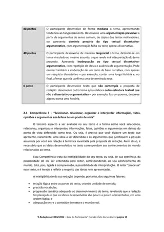 80 pontos            O participante desenvolve de forma mediana o tema, apresentando
                     tendência ao tangenciamento. Desenvolve uma argumentação previsível a
                     partir de argumentos do senso comum, de cópias dos textos motivadores,
                     ou apresenta domínio precário do tipo textual dissertativo-
                     argumentativo, com argumentação falha ou texto apenas dissertativo.

40 pontos            O participante desenvolve de maneira tangencial o tema, detendo-se em
                     tema vinculado ao mesmo assunto, o que revela má interpretação do tema
                     proposto. Apresenta inadequação ao tipo textual dissertativo-
                     argumentativo, com repetição de ideias e ausência de argumentação. Pode
                     ocorrer também a elaboração de um texto de base narrativa, com apenas
                     um resquício dissertativo – por exemplo, contar uma longa história e, no
                     final, afirmar que ela confirma uma determinada tese.

0 ponto              O participante desenvolve texto que não contempla a proposta de
                     redação: desenvolve outro tema e/ou elabora outra estrutura textual que
                     não a dissertativo-argumentativa – por exemplo, faz um poema, descreve
                     algo ou conta uma história.



2.3 Competência 3 – “Selecionar, relacionar, organizar e interpretar informações, fatos,
opiniões e argumentos em defesa de um ponto de vista”

        O terceiro aspecto a ser avaliado no seu texto é a forma como você selecionou,
relacionou, organizou e interpretou informações, fatos, opiniões e argumentos em defesa do
ponto de vista defendido como tese. Ou seja, é preciso que você elabore um texto que
apresente, claramente, uma ideia a ser defendida e os argumentos que justifiquem a posição
assumida por você em relação à temática levantada pela proposta de redação. Além disso, é
necessário que as ideias desenvolvidas no texto correspondam aos conhecimentos de mundo
relacionados ao tema.

         Essa Competência trata da inteligibilidade do seu texto, ou seja, de sua coerência, da
possibilidade de ele ser entendido pelo leitor, correspondendo ao seu conhecimento do
mundo. Está, pois, ligada à compreensão, à possibilidade de interpretação. O leitor “processa”
esse texto, e é levado a refletir a respeito das ideias nele apresentadas.

       A inteligibilidade da sua redação depende, portanto, dos seguintes fatores:

       relação lógica entre as partes do texto, criando unidade de sentido;
       precisão vocabular;
       progressão temática adequada ao desenvolvimento do tema, revelando que a redação
       foi planejada e que as ideias desenvolvidas são pouco a pouco apresentadas, em uma
       ordem lógica; e
       adequação entre o conteúdo do texto e o mundo real.



            "A Redação no ENEM 2012 – Guia do Participante" (versão: Êxito Cursos Livres) página 13
 