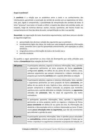 O que é coerência?

A coerência é a relação que se estabelece entre o texto e os conhecimentos dos
interlocutores, garantindo a construção do sentido de acordo com as expectativas do leitor.
Está, pois, ligada à compreensão, à possibilidade de interpretação dos sentidos do texto. O
leitor “processa” esse texto e é levado a refletir a respeito das ideias nele contidas; pode, em
resposta, reagir de maneiras diversas: aceitar, recusar, questionar, até mesmo mudar seu
comportamento em face das ideias do autor, compartilhando ou não a sua opinião.

Resumindo: na organização do texto dissertativo-argumentativo, você deve procurar atender
às seguintes exigências:

       apresentação clara da tese e seleção dos argumentos que a sustentam;
       encadeamento lógico das ideias, de modo que cada parágrafo apresente informações
       novas, coerentes com o que foi apresentado anteriormente, sem repetições ou saltos
       temáticos;
       congruência entre as informações do texto e do mundo real; e
       precisão vocabular.


Os quadros a seguir apresentam os cinco níveis de desempenho que serão utilizados para
avaliar a Competência 3 das redações do Enem 2012:

200 pontos           O participante seleciona, organiza e relaciona informações, fatos, opiniões
                     e argumentos pertinentes ao tema proposto de forma consistente,
                     configurando autoria, em defesa de seu ponto de vista. Explicita a tese,
                     seleciona argumentos que possam comprová-la e elabora conclusão ou
                     proposta que mantenha coerência com a opinião defendida na redação.

160 pontos           O participante seleciona, organiza e relaciona informações, fatos, opiniões
                     e argumentos pertinentes ao tema proposto de forma consistente, em
                     defesa de seu ponto de vista. Explicita a tese, seleciona argumentos que
                     possam comprová-la e elabora conclusão ou proposta que mantenha
                     coerência com a opinião defendida na redação. Entretanto, os argumentos
                     utilizados são previsíveis. Não há cópia de argumentos dos textos
                     motivadores.

120 pontos           O participante apresenta informações, fatos, opiniões e argumentos
                     pertinentes ao tema proposto, porém os organiza e relaciona de forma
                     pouco consistente em defesa de seu ponto de vista. As informações são
                     aleatórias e desconectadas entre si, embora relacionadas ao tema. O texto
                     revela pouca articulação entre os argumentos, que não são convincentes
                     para defender a opinião do autor.

80 pontos            O participante apresenta informações, fatos e opiniões pouco articulados
                     ou contraditórios, embora pertinentes ao tema proposto. O texto que se
                     limitar a reproduzir os argumentos constantes na proposta de redação, em



            "A Redação no ENEM 2012 – Guia do Participante" (versão: Êxito Cursos Livres) página 14
 