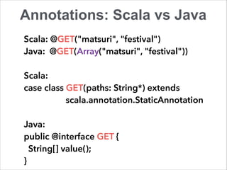 Annotations: Scala vs Java 
Scala: @GET("matsuri", "festival") 
Java: @GET(Array("matsuri", "festival")) 
! 
Scala: 
case class GET(paths: String*) extends 
scala.annotation.StaticAnnotation 
! 
Java: 
public @interface GET { 
String[] value(); 
} 
 