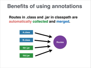 Benefits of using annotations 
Routes in .class and .jar in classpath are 
automatically collected and merged. 
A.class 
B.class 
lib1.jar 
lib2.jar 
Routes 
 
