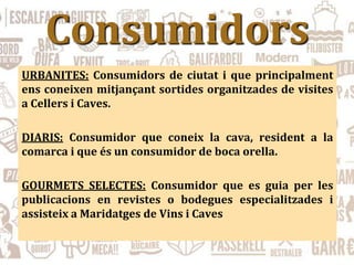 Consumidors
URBANITES: Consumidors de ciutat i que principalment
ens coneixen mitjançant sortides organitzades de visites
a Cellers i Caves.
DIARIS: Consumidor que coneix la cava, resident a la
comarca i que és un consumidor de boca orella.
GOURMETS SELECTES: Consumidor que es guia per les
publicacions en revistes o bodegues especialitzades i
assisteix a Maridatges de Vins i Caves
 