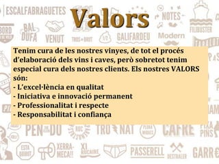 Valors
Tenim cura de les nostres vinyes, de tot el procés
d’elaboració dels vins i caves, però sobretot tenim
especial cura dels nostres clients. Els nostres VALORS
són:
- L’excel·lència en qualitat
- Iniciativa e innovació permanent
- Professionalitat i respecte
- Responsabilitat i confiança
 